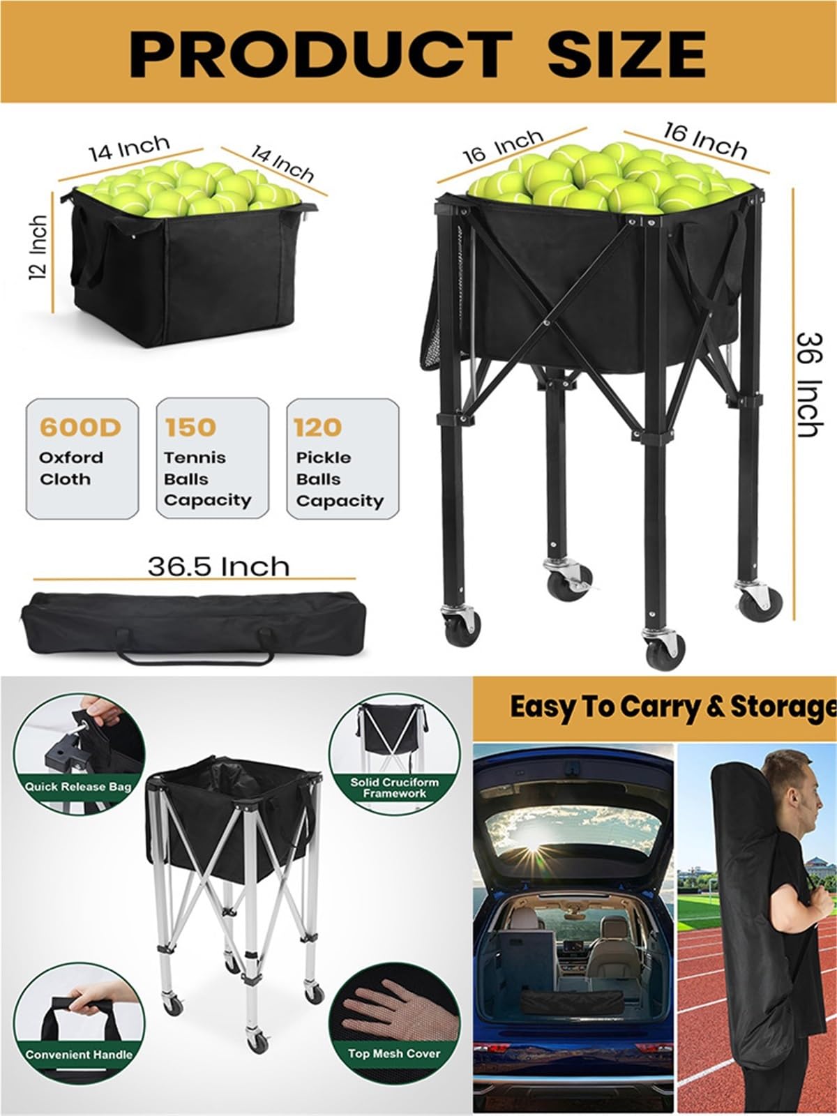 Cesta para Pelotas De Tenis Cesta for Pelotas de Tenis Ligera for Deportes al Aire Libre, Carrito Plegable Aluminio