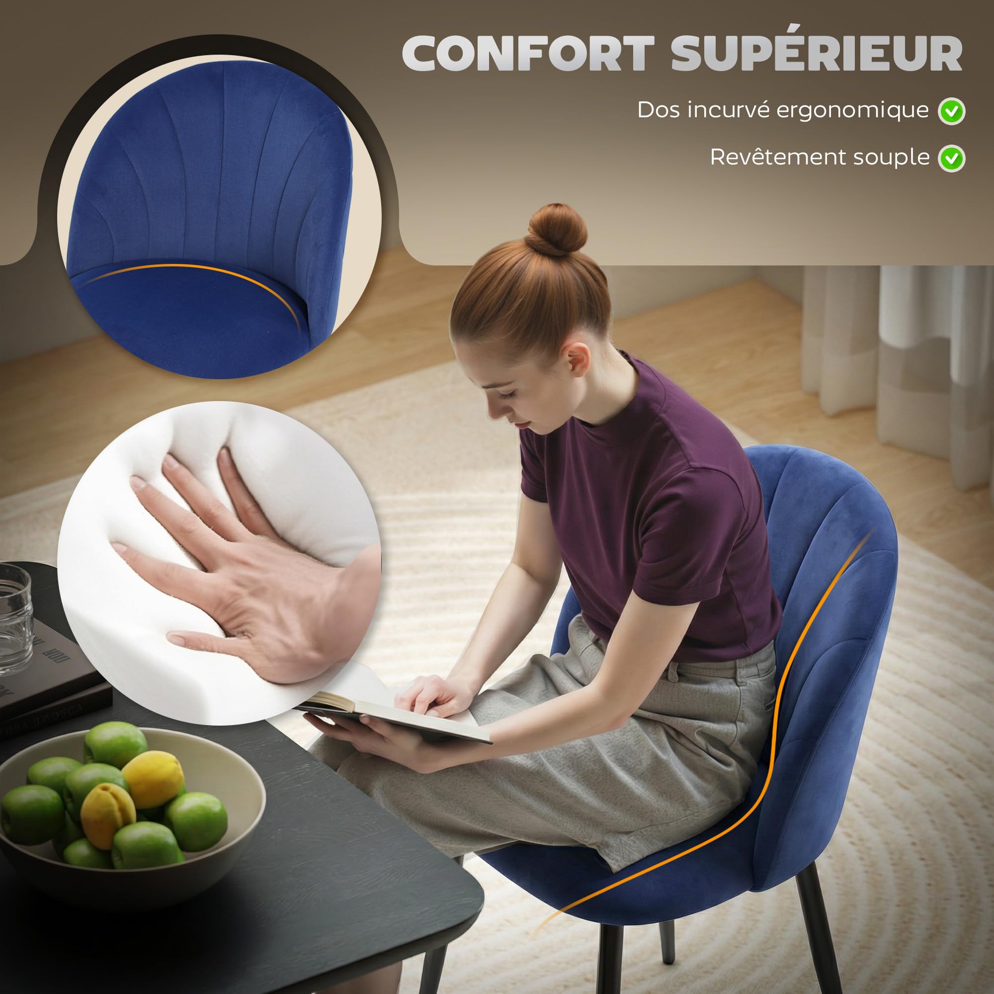 HOMCOM Lot de 2 Chaises de Salle à Manger Rembourrées sans Accoudoirs Bleu | Chaises de Cuisine, Sans Accoudoirs, Assise Large, Pieds en Acier, Tissu en Velours, pour Salon, Maison