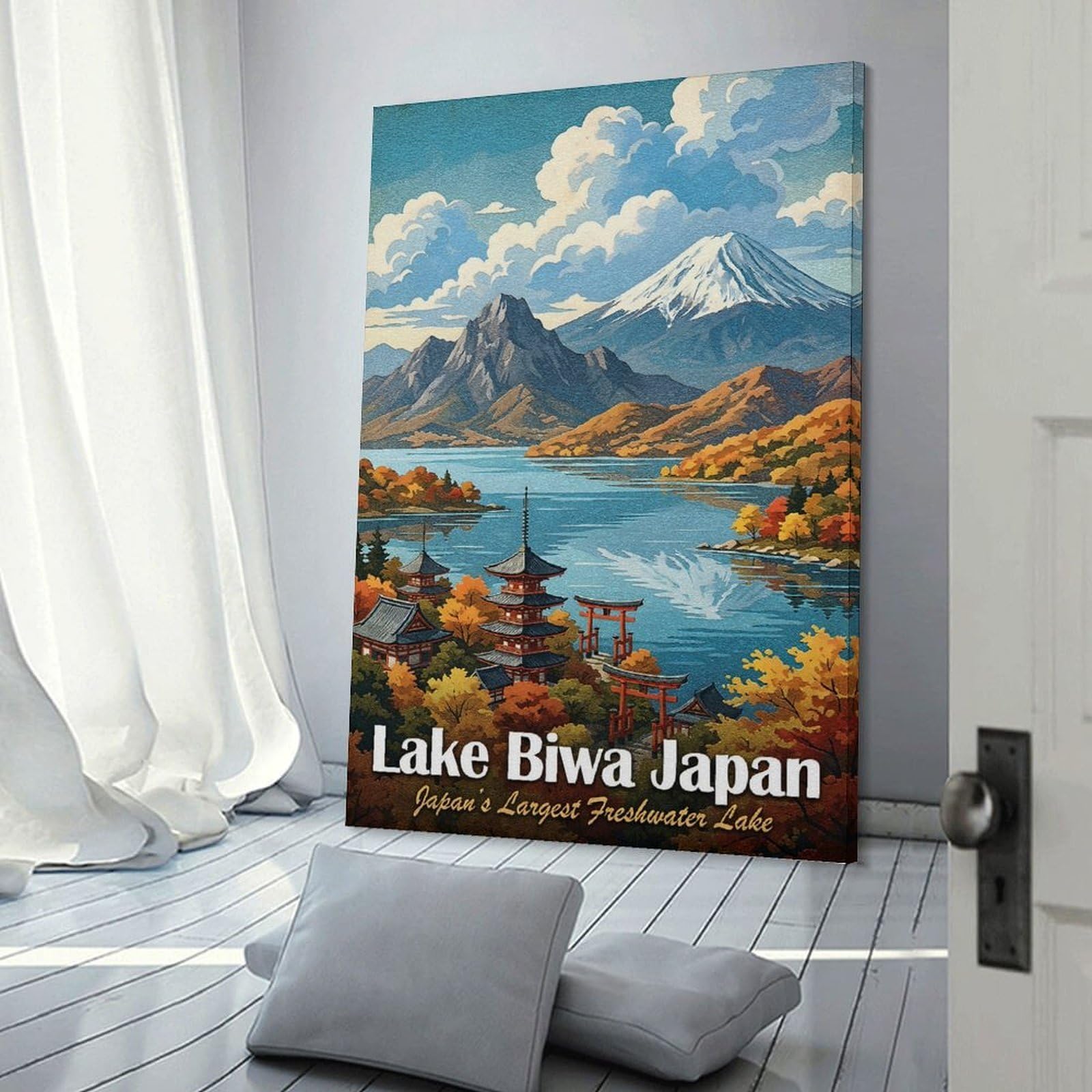 Junmoney Lake Biwa Japan Vintage Travel Canvas Wall Decor, 16x24inch(40x60cm), for Bedroom, Guest Room Or Reading Nook, Canvas Wall Decor for Personal Spaces