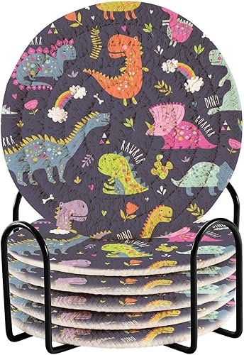 innewgogo Dinosaurs (4) 6 Pcs Absorbent Drink Coasters for Tabletop Protection Round Woven Coaster with Holder & Heat Water Resistant Bulk Cup