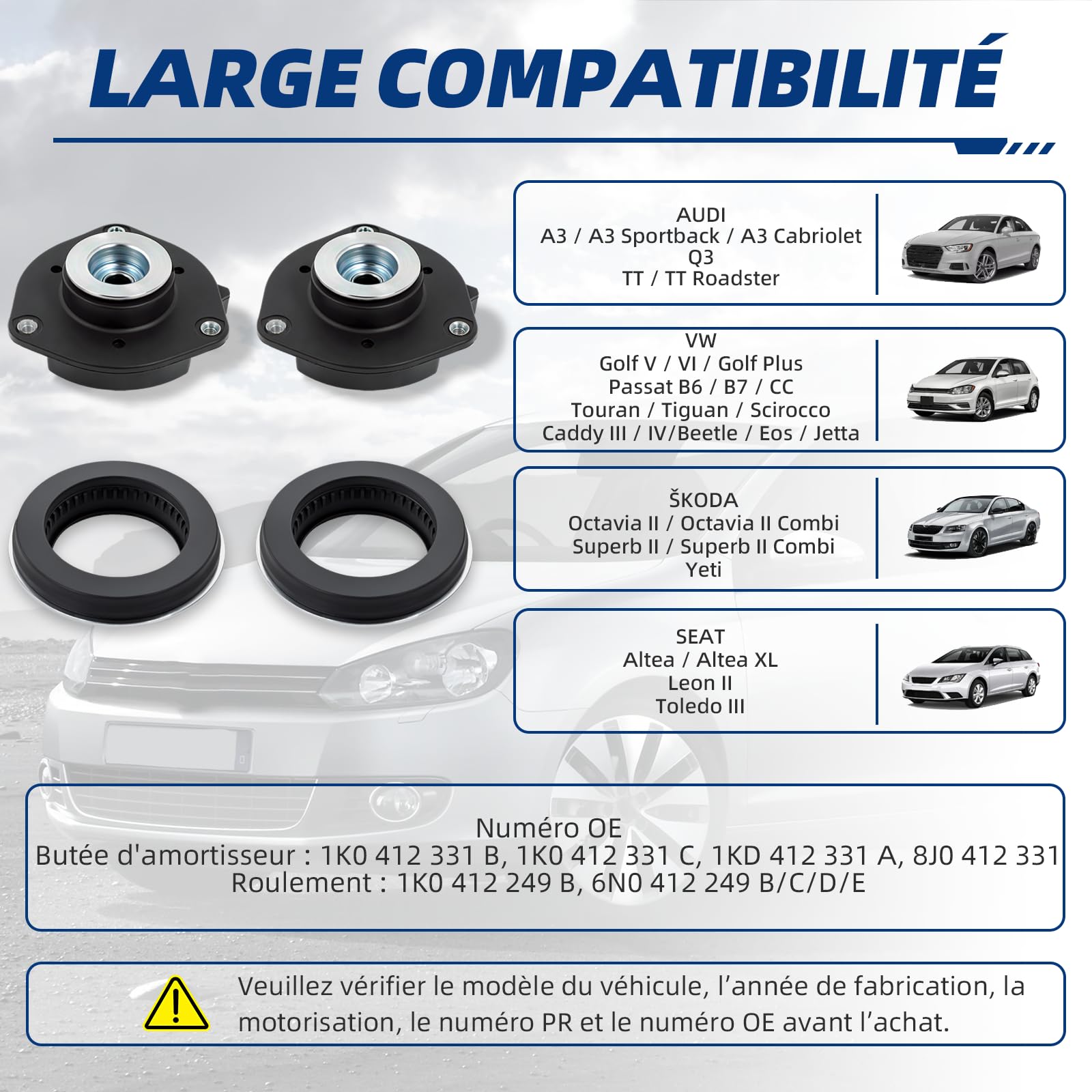 Kit coupelles avant pour VW Golf Passat Touran, 4 pièces