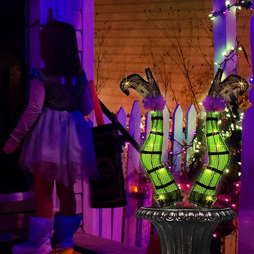 Miniatura 5 de Juegoal Juego de 2 patas de bruja malvada iluminadas de Halloween con estacas, accesorio de bruja de oropel iluminado de 22 pulgadas, temporizador