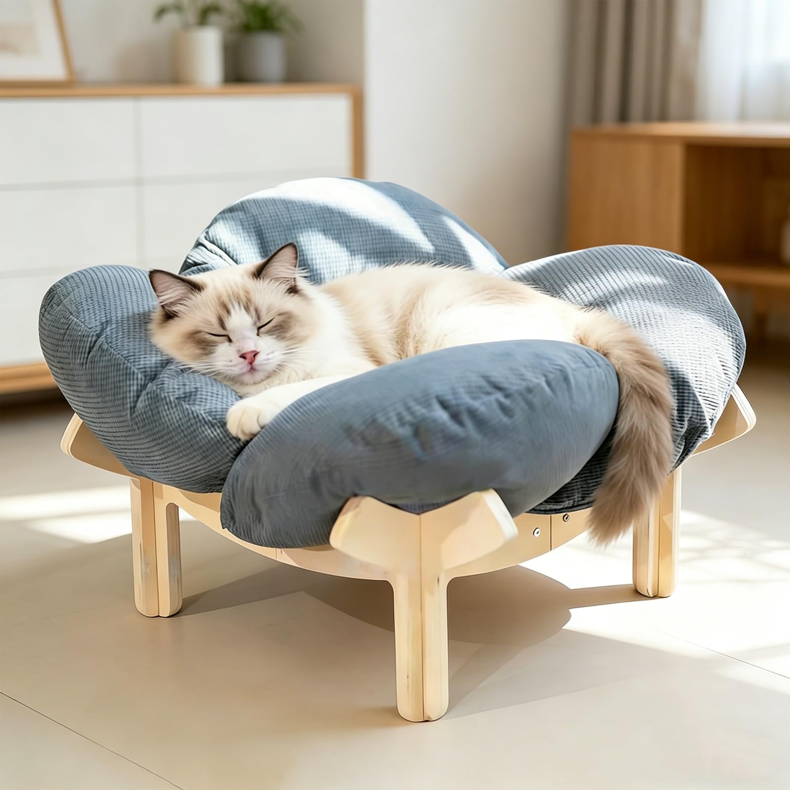 W&H Erhöhtes Katzenbett in Blumenform, 55 cm Großes Katzenkorb mit Kissen und Holzrahmen, Weiche Katzenkissen für Alle Katzen und Kleine Hunde, Grau