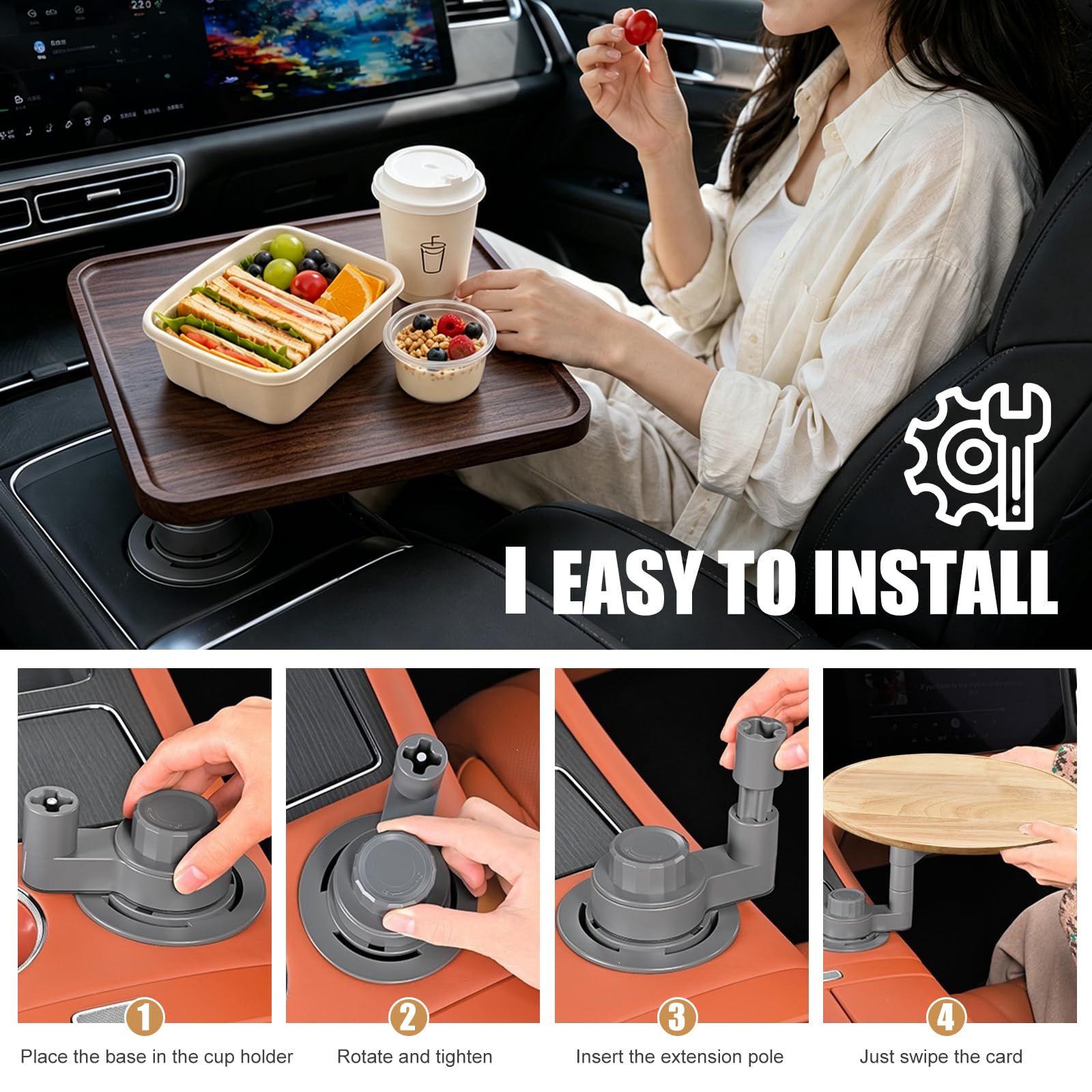 Autotisch für Beifahrer Auto Tray Tablett, 360° drehbar Schreibtisch aus Holz für Autofahrten, Auto Tisch Snacktablett zum Essen,Trinken und Schreiben, Laptop, Arbeit