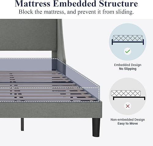 Miniatura 15 de Allewie Marco de cama de plataforma moderna, tamaño queen con respaldo de orejas, tapizado, con cabecera, soporte de listones de madera, base de