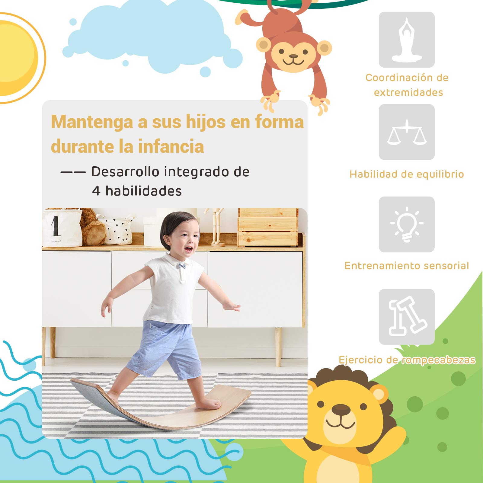 COSTWAY Tabla de Equilibrio de 90 x 30 cm Plataforma de Equilibrio de Madera Tabla Curvada para Yoga para Niños y Adultos Carga hasta 220kg (90 x 40 x19 cm)
