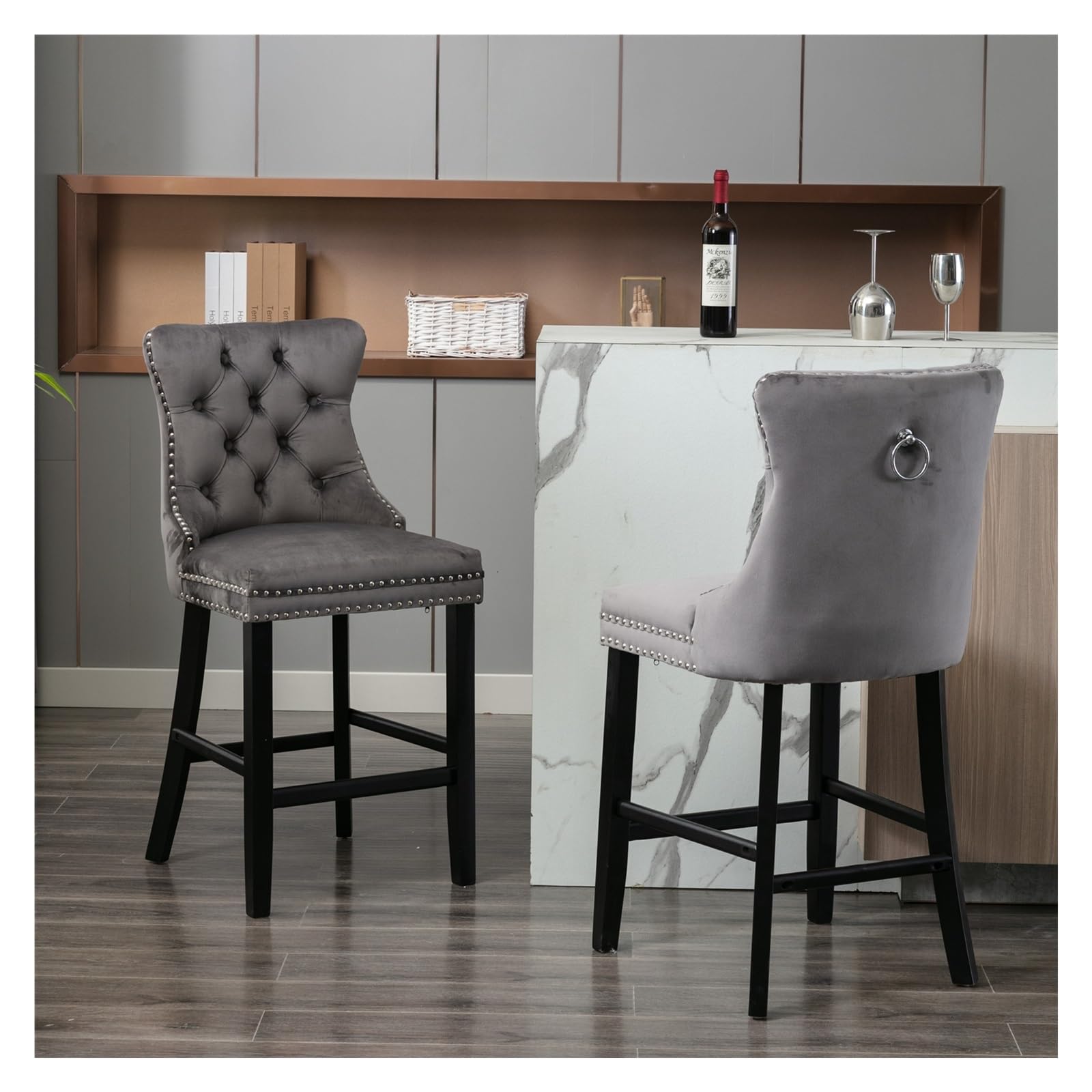 Contemporary Velvet Upholstered Barstools with Button Tufted Decoration and Chrome Nailhead Trim, Leisure Style Bar Chairs, Set of 2 (Blue/Gray),for The Kitchen