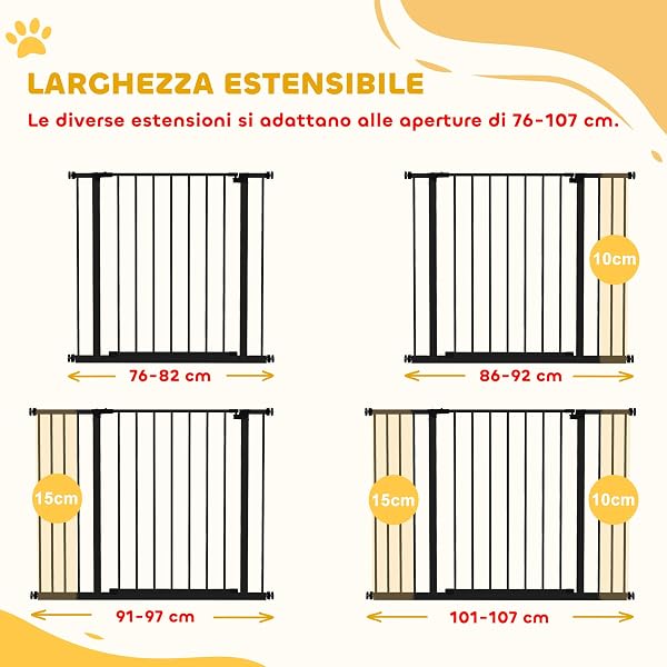 PawHut Cancellino per Cani di Sicurezza Estensibile da 76-82/86-97/101-107 cm Montaggio a Pressione, Metallo e Plastica, Nero - 4