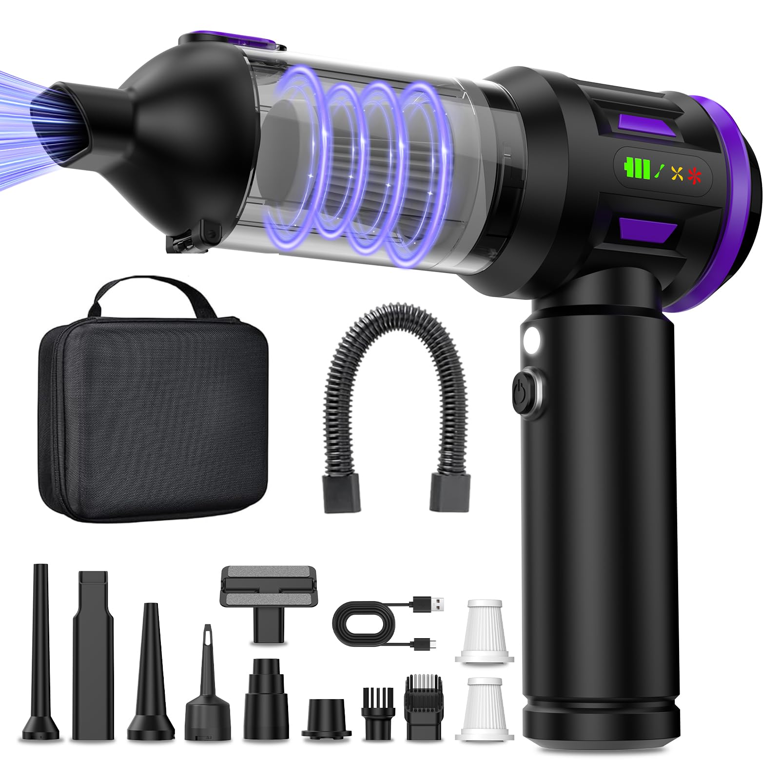 Aspirateur à Main, 22000PA Aspirateur Voiture sans Fil Puissant, 220000 TR/Min Moteur sans Balai, 4 en 1 Niveaux Réglables pour Poils d'animaux, Voiture, Maison, Violet