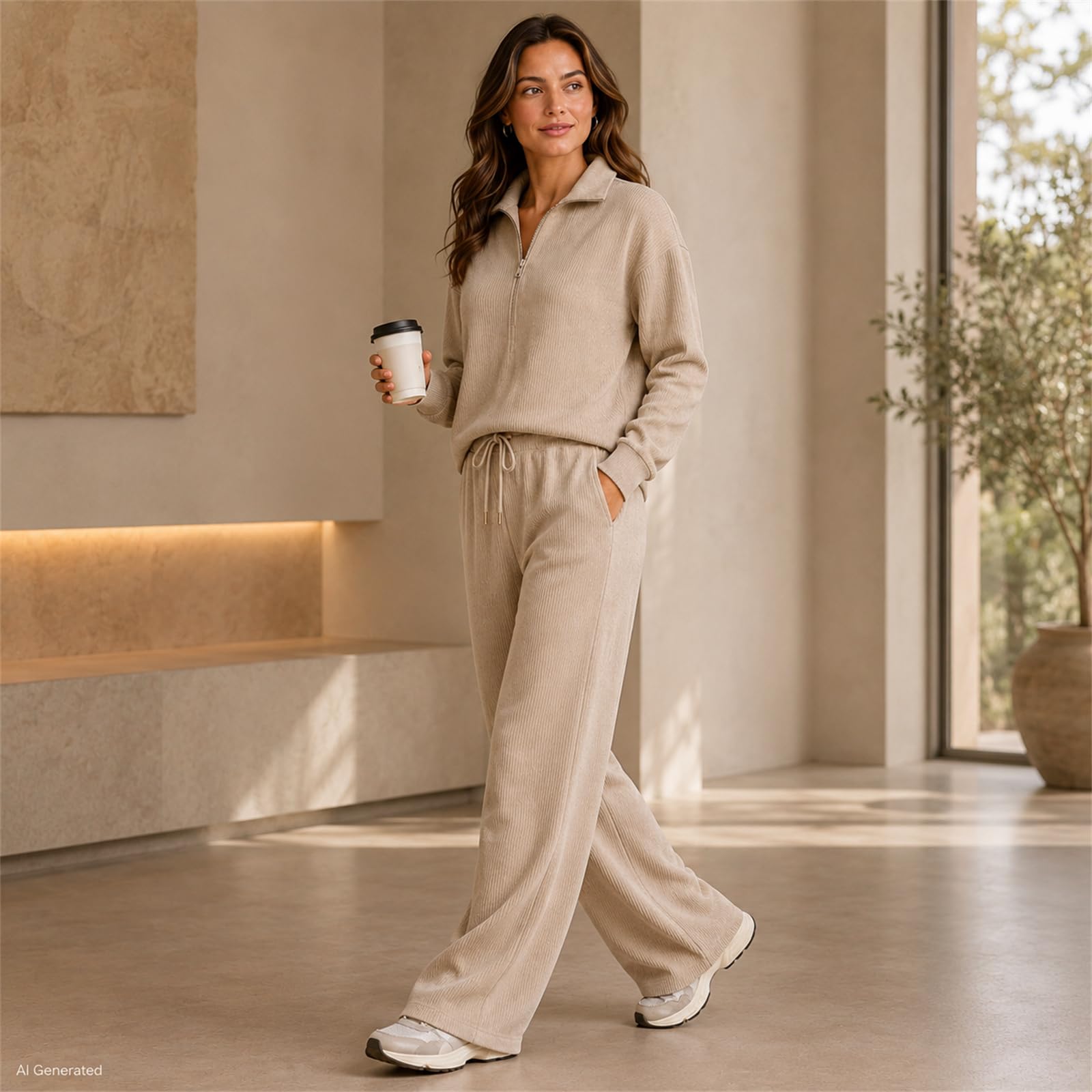 2-teiliges Lounge-Set für Damen, halber Reißverschluss und Hose mit weitem