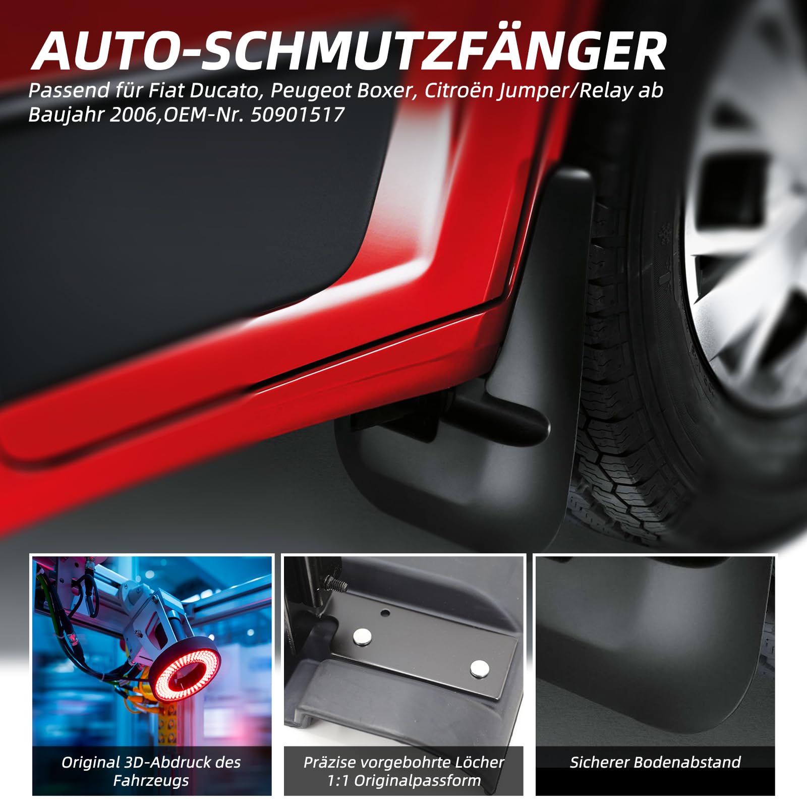 Schmutzfänger vorne, hochwertiger Gummi, Teilenummer 50901517, Schutz vor Schlamm und Sandspritzern (2er-Pack) Passend für FIAT Ducato, Peugeot Boxer, Citroën Jumper/Relay ab Baujahr 2006