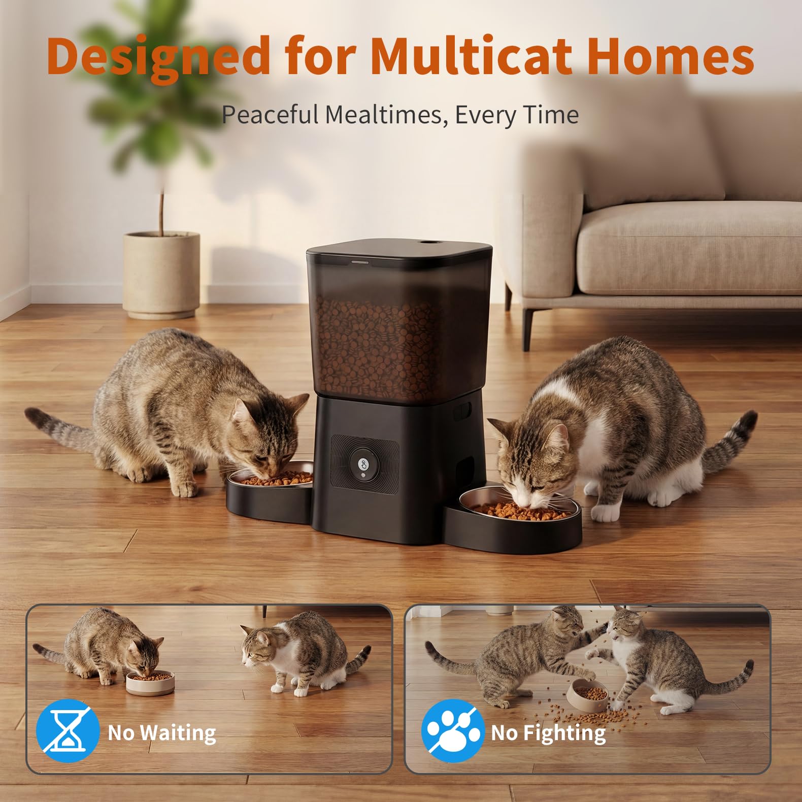Honeyguaridan Distributore Automatico Cibo Gatti 2 Ciotole, 3.5L Dispenser Crocchette Gatto con WiFi 2.4G/5G, da 1 a 6 Pasti al Giorno, Supporta Registrazioni di 10 Secondi, Doppia Alimentazione