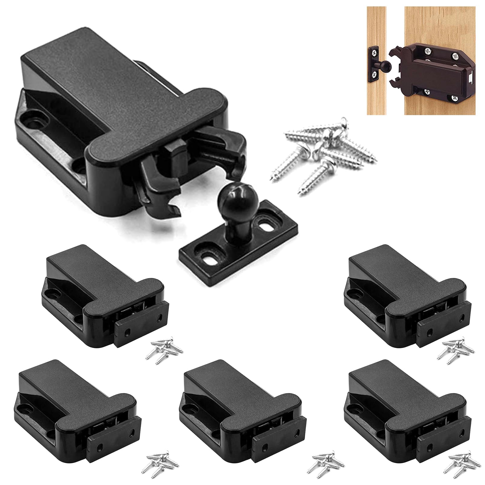 6Pcs Push Touch Release Catch Latch Black ABS Plastic Push to Open Door Catches Lock Kit Beetle Design Touch Automatic Pop-up Release Function Lock Latches for Cabinet Bathroom Wardrobe Drawer Camping