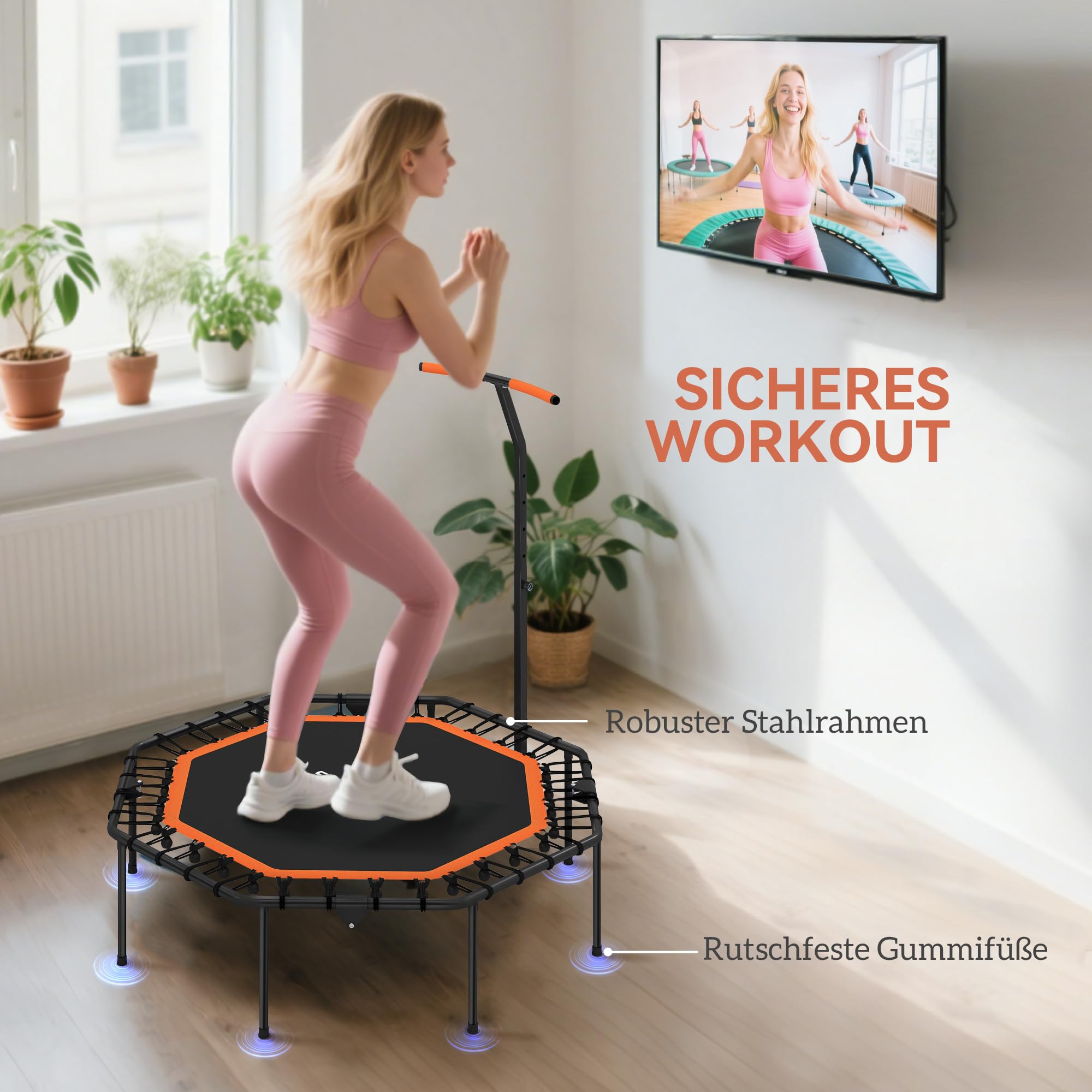 SPORTNOW Fitness Trampolin klappbar Ø128 cm Mini Trampoline mit 5-Stufig Höhenverstellbarem Haltegriff, leise Gummiseil, Trampolin für Erwachsene, Trampoline für Indoor Outdoor Jumping