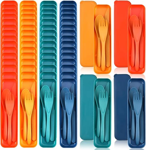Jinei - 50 Pieces Reusable Travel Utensils Set with Wheat Straw Case, Portable Spoon Cutlery Forks Lunch Box Accessories for Kids Adults Camping Utensils