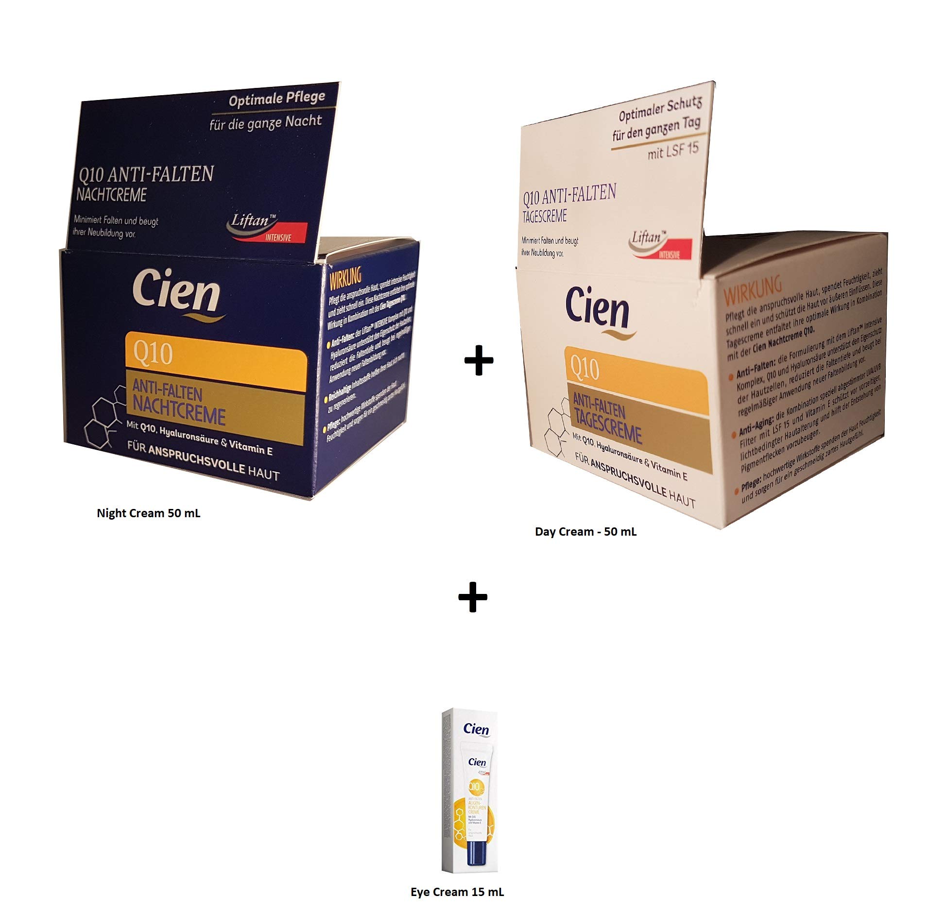 Set of 3 Anti-Wrinkle Creams (50 ml Day Cream - 50 ml Night Cream - 15 mL Eye Cream) - with Q10, Vitamin E & Hyaluronic Acid