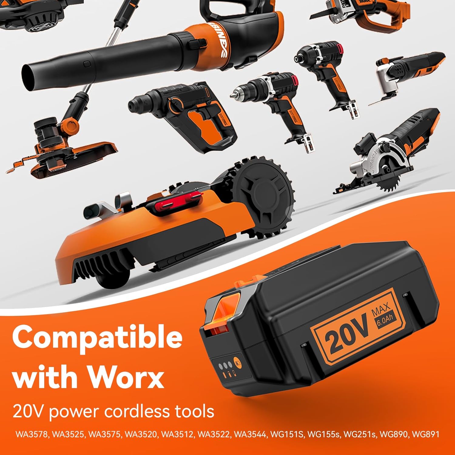 ARyee 20V 6.0Ah WA3525 Replacement for Worx 20V Battery Compatible with Worx Battery WA3578 WA3520 WA3575 WA3520 WG151s WG891 Leaf Blower Power Tools