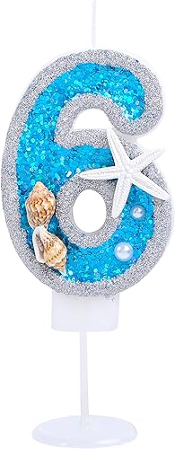Kinsynko 6 velas para pastel de cumpleaños niño niña 6 años de edad, vela de cumpleaños 3D perla marina, lentejuelas número 6 bajo el océano mar