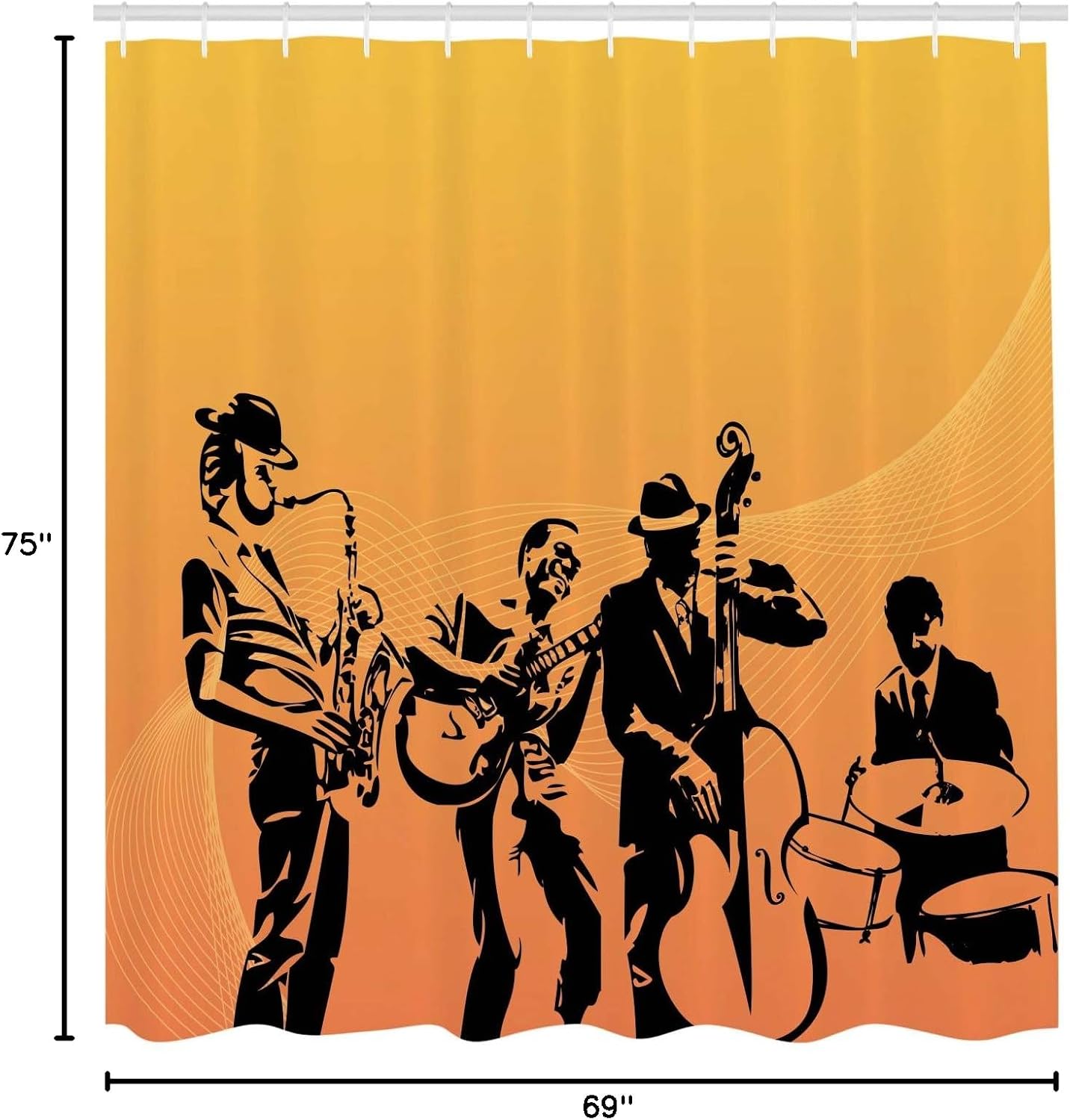 Ambesonne Jazz Music Shower Curtain, Silhouette of Jazz Quartet Performing on Stage Acoustic Passion Old Style Art, Cloth Fabric Bathroom Decor Set with Hooks, 69" W x 75" L, Mustard Black