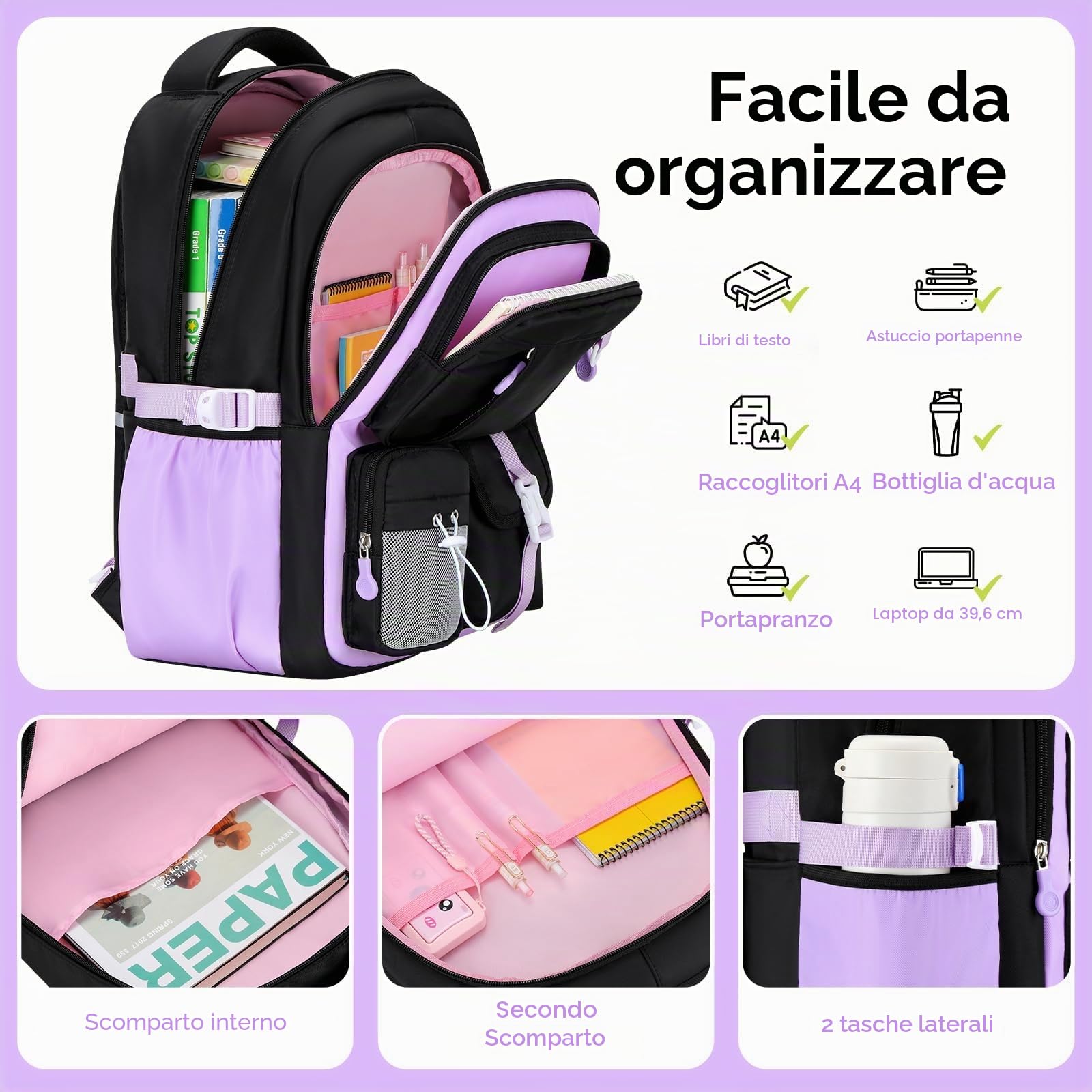 Amythe Set 4 Pezzi Zaino Ragazza 3a-7a Elementare Scuola Viaggio