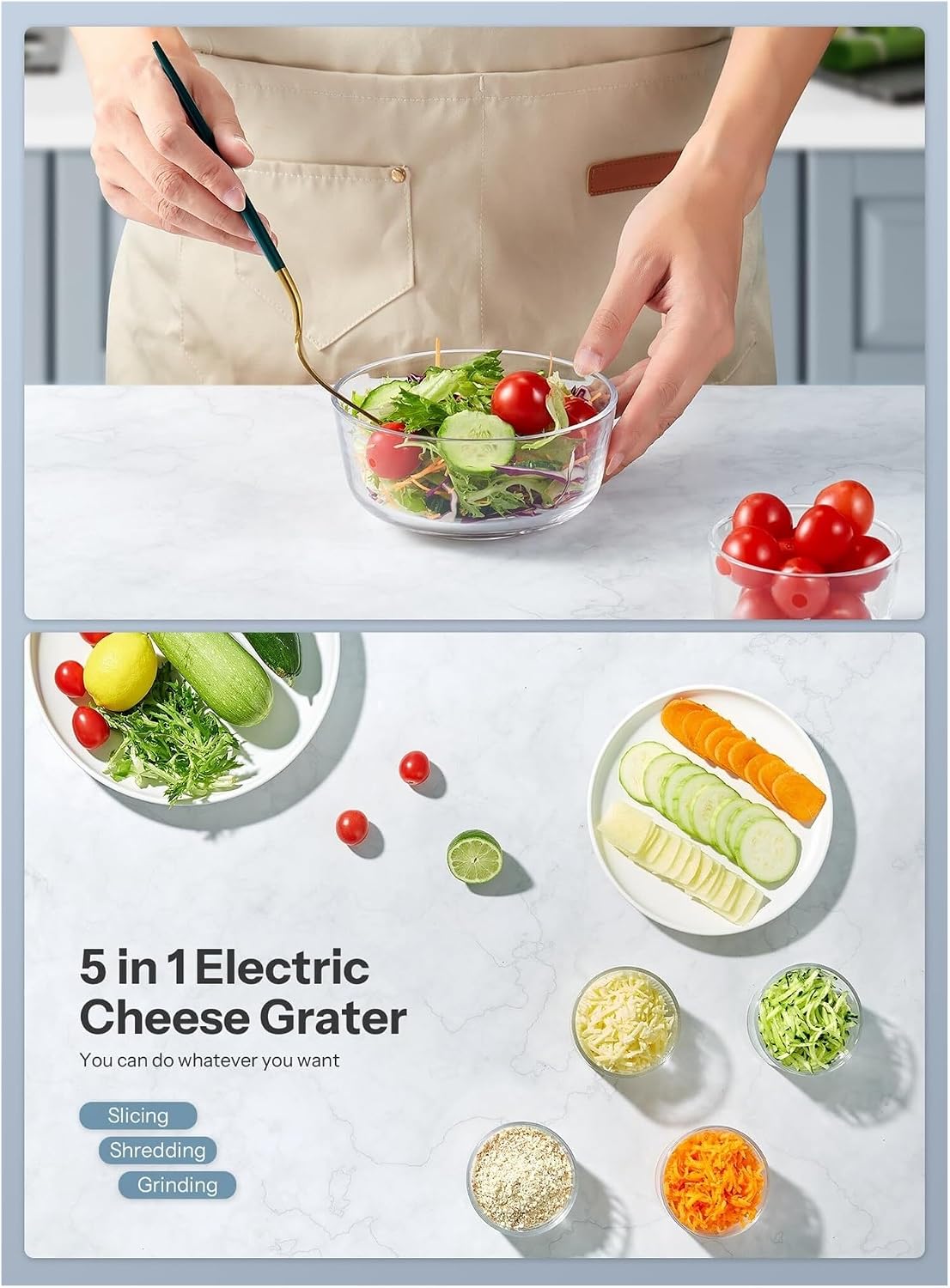 Fit for Electric Cheese Grater, 5 Multi-Blade Cheese Shredder Salad Maker, One Touch Easy Control, Multi Salad Maker for Vegetables, Cheeses and Nuts, White