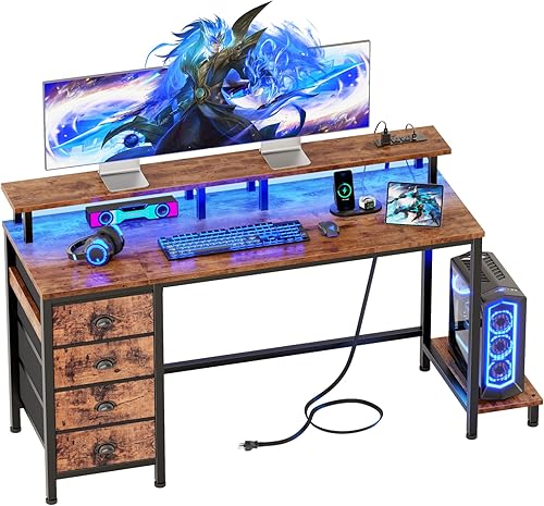 Furologee 55 Inch Computer Desk Gaming with 4 Fabric Drawers with Power Outlets and LED Lights for Home Office with Full Monitor Stand and Shelf