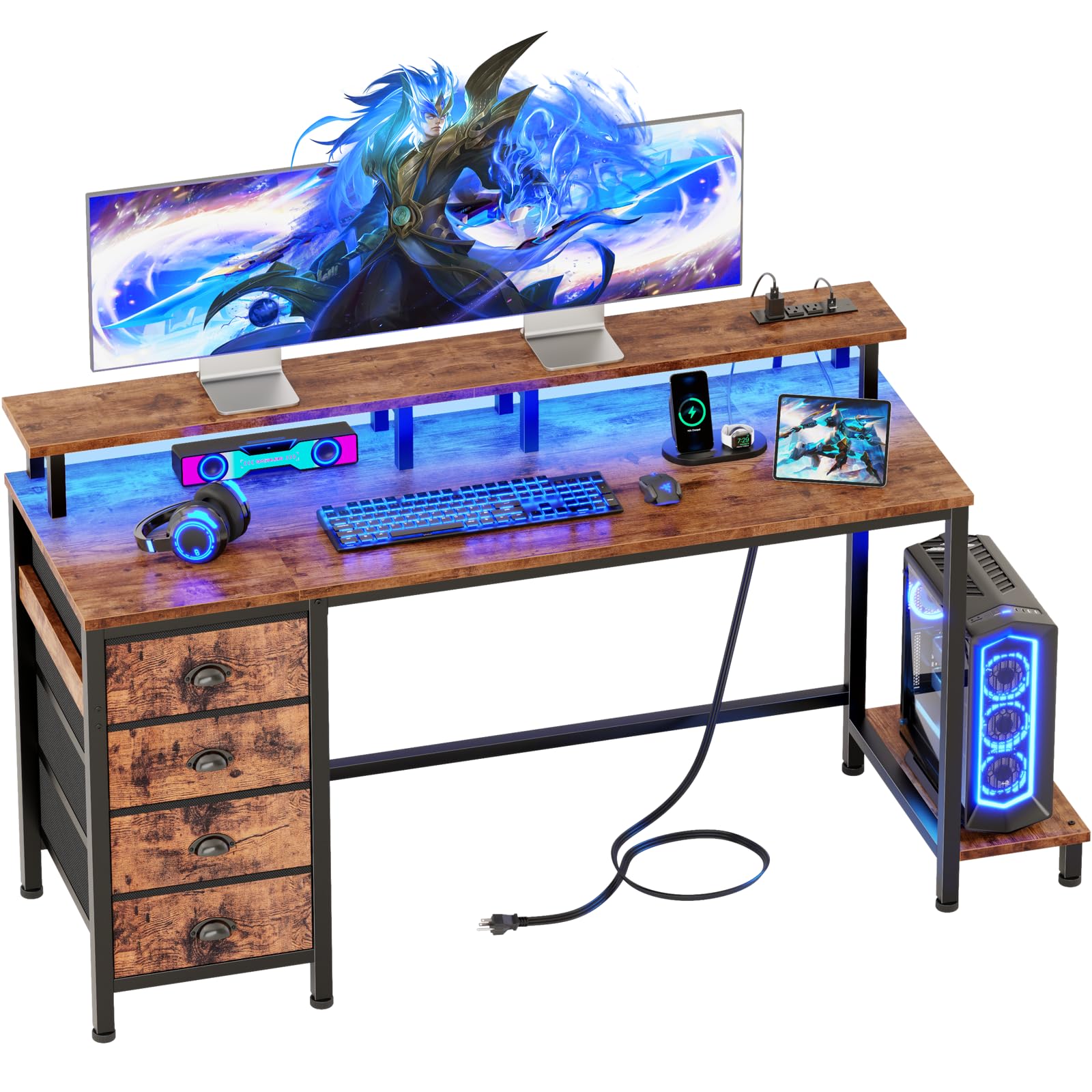 Computer Desk with Power Outlets & LED Lights, 55 Inch Reversible Gaming Desk with Full Monitor Stand, Home Office Table with 4 Fabric Drawers, Study Table for Bedroom, Rustic Brown
