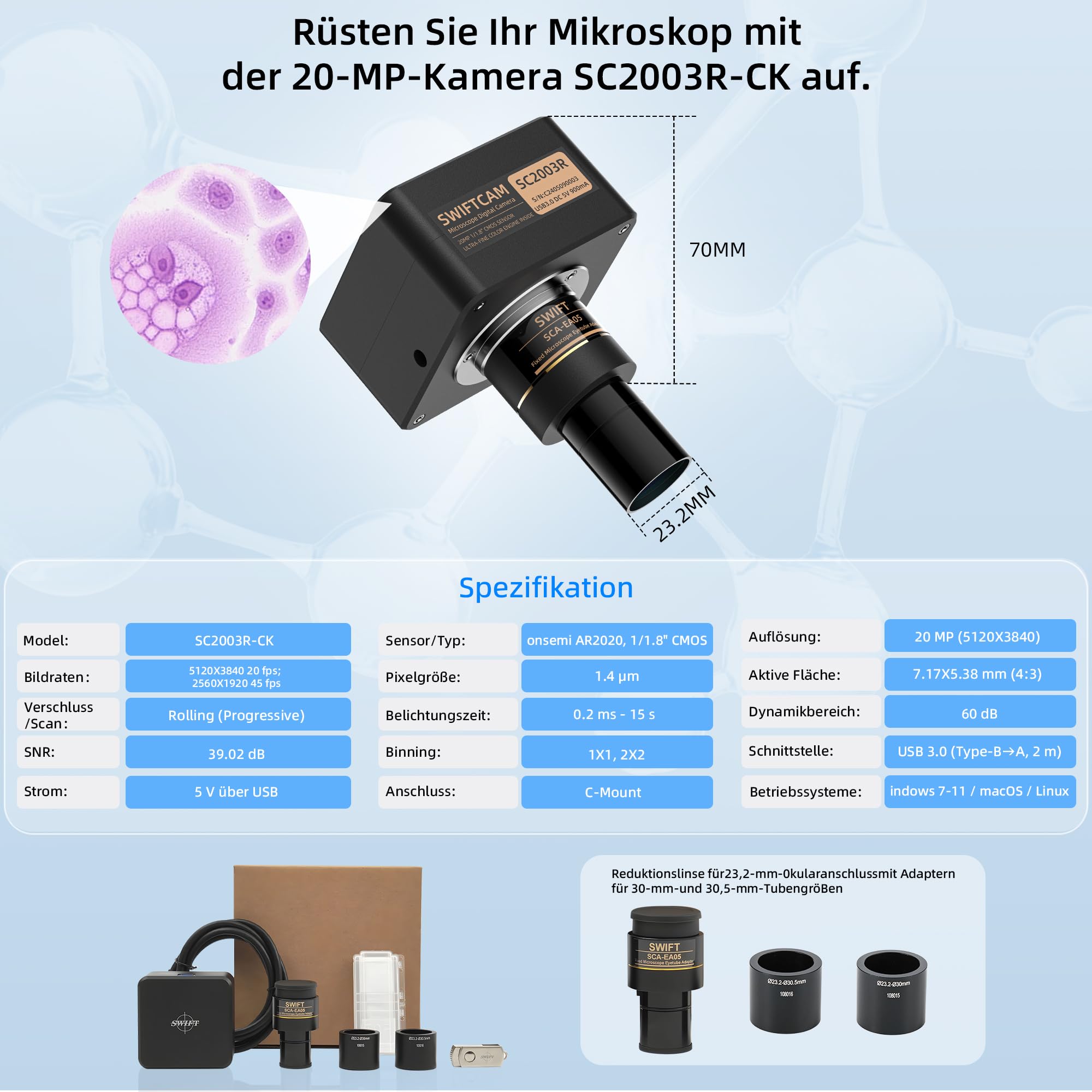 Swiftcam SC2003R-CK Caméra 20 MP USB 3.0 C-Mount 0.5× Réduction Optique pour Microscopes