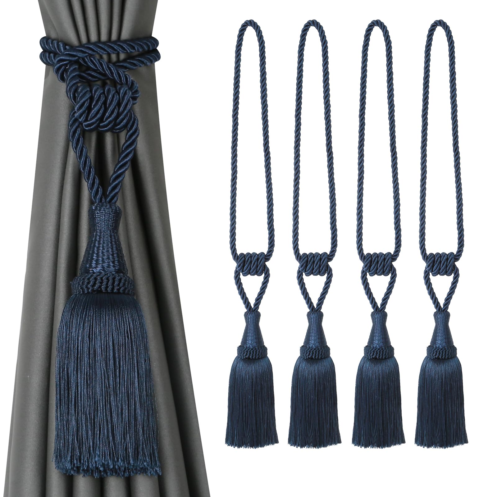 Tassel Curtain Tiebacks， Braided Rope Curtain Tiebacks With Tassels Multicolor 2/4 Packs(Navy,4 Pack)