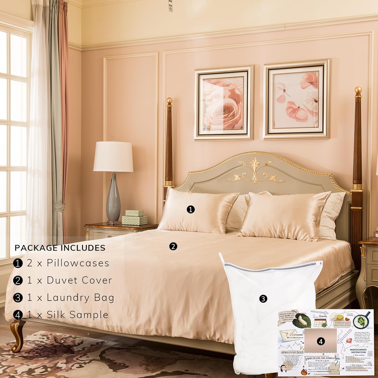 PROMEED 100% Mulberry Silk Duvet Cover Set 3PCS, Real 23 Momme Grade 6A Silk Bedding Set with Duvet Cover and Pillowcases (Champagne, King)