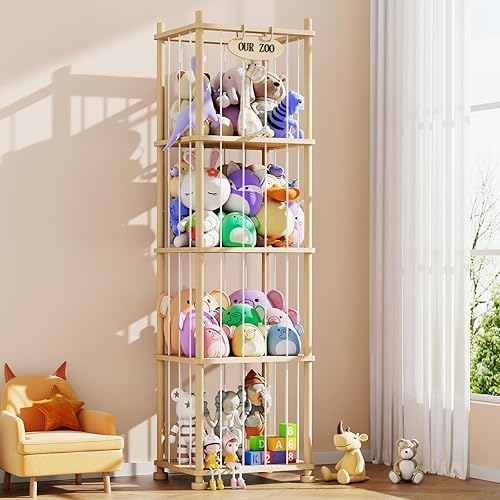 Organizador de almacenamiento de animales de peluche, estante de almacenamiento de juguetes de madera de pino macizo con estantes extraíbles,