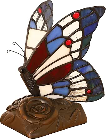 FUMAT Tiffany Mini Table Lamp Red Blue Butterfly Stained Glass Night ...