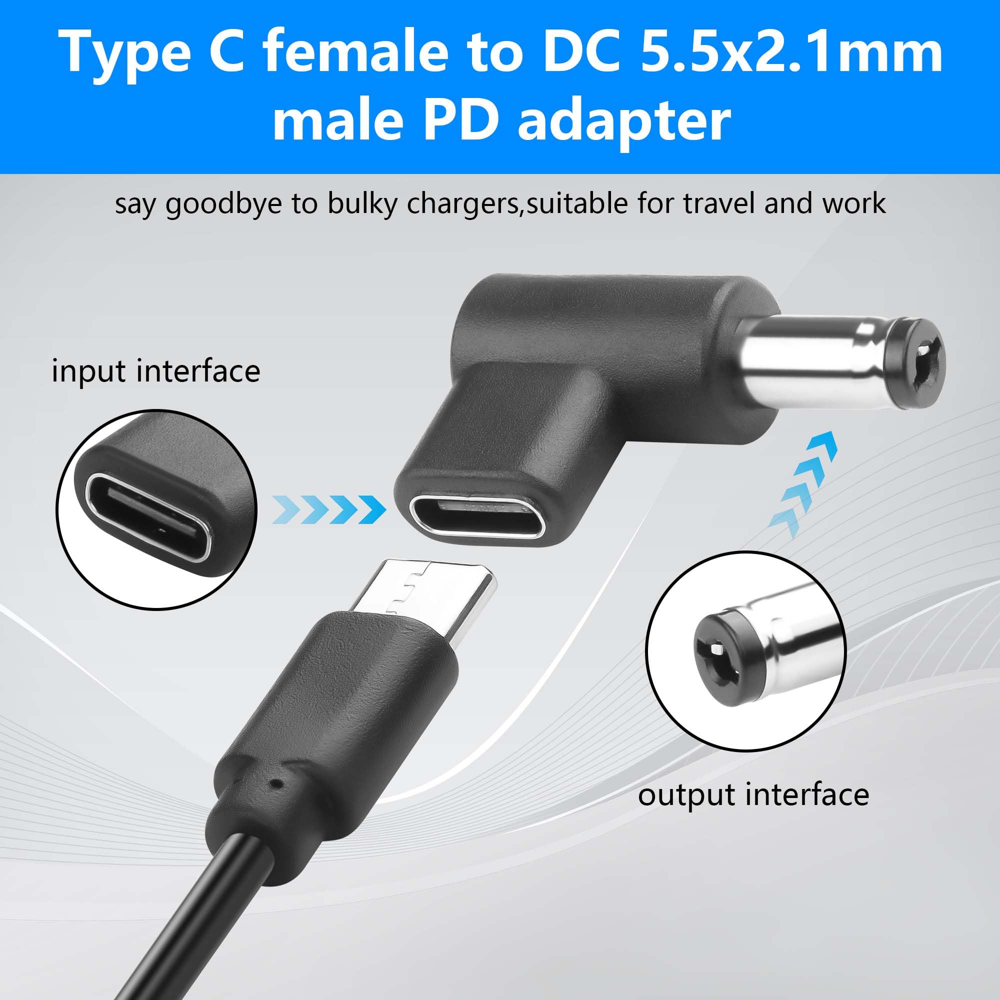 GINTOOYUN 2 szt. 9V DC Adapter złącze zasilania 90 stopni kąt żeński USB C na męski konwerter DC 5,5 mm X 2,1 mm (9V)