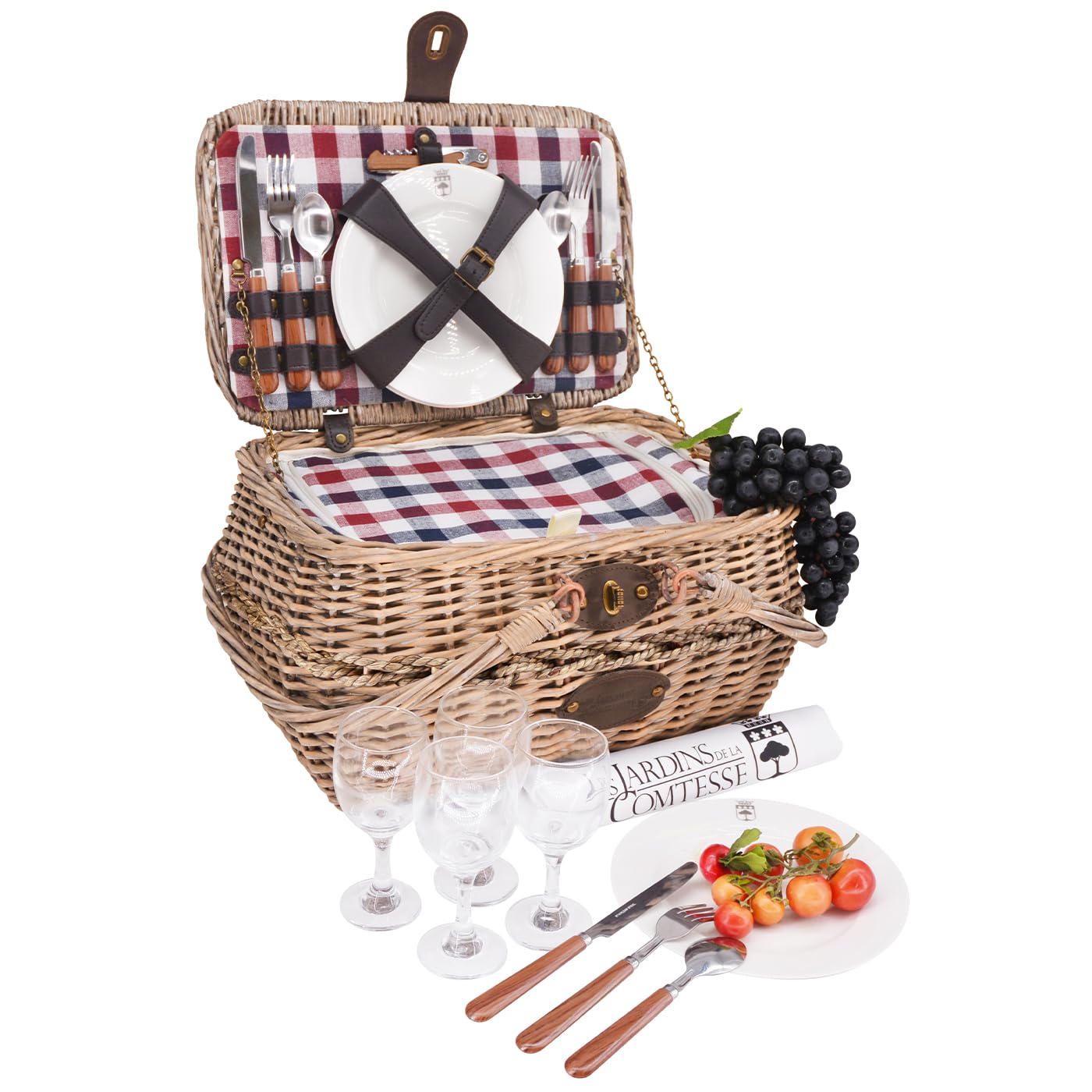 Les Jardins de la Comtesse Cesto da picnic Sarlat, Vimini, blu e vinaccia, 4000 g, 45 x 37 x 25 cm, stile campagna, scomparto isotermico, 17,5 l
