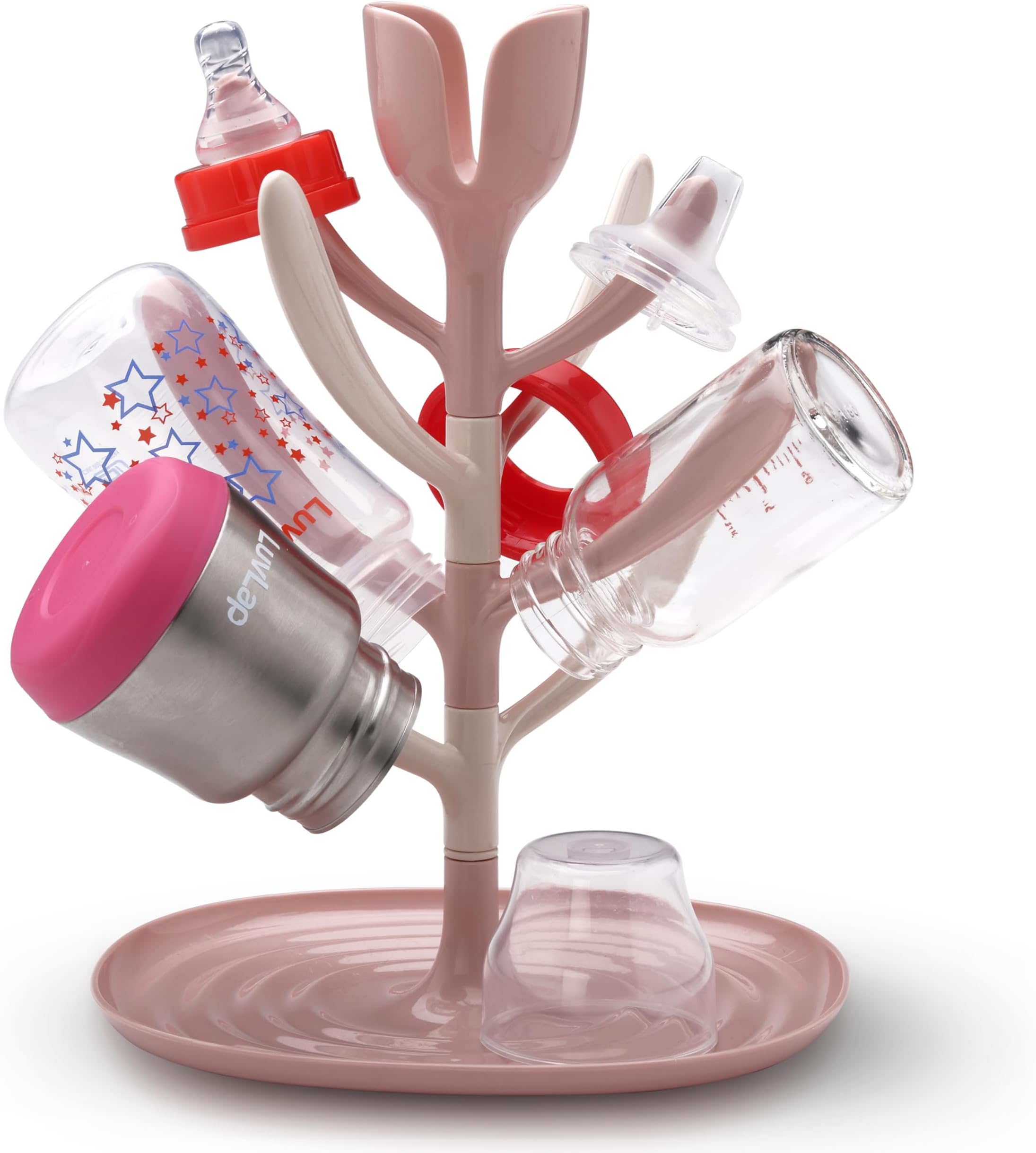 Baby Bottle Drying Rack, 360° rotatable, high capacity, compact, space saving, portable bottle dryer with nipple holder, Suitable for sipper cups, breast pump parts & feeding accessories (Pink)