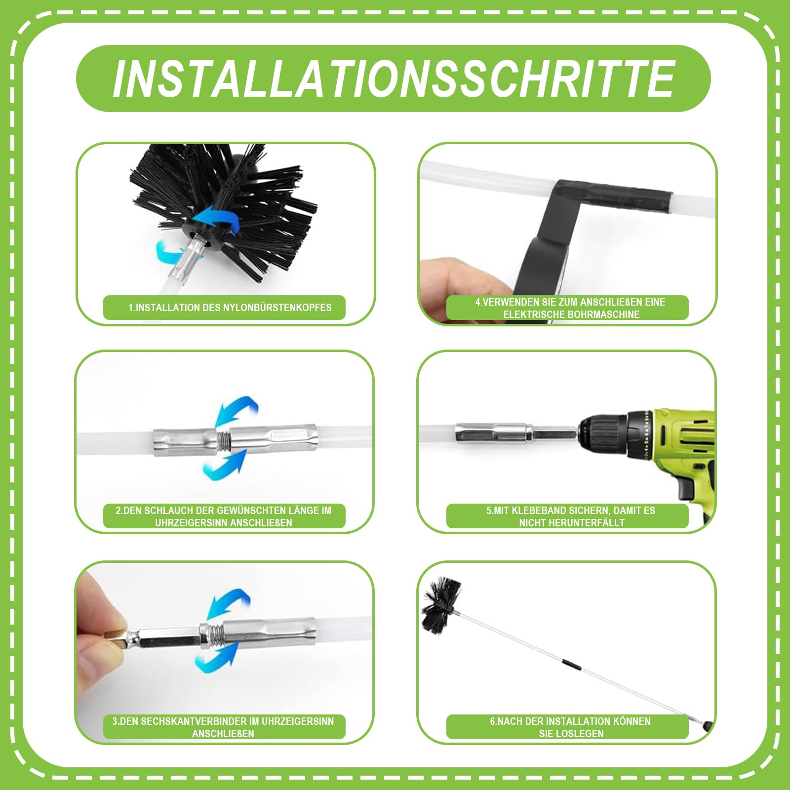 Set di 31 spazzole per camino Premium (150 mm) – 20 aste flessibili con 2 spazzole, spazzola per asciugatrici, guanti, custodia per camino, canna fumaria, cappa aspirante, asciugatrice