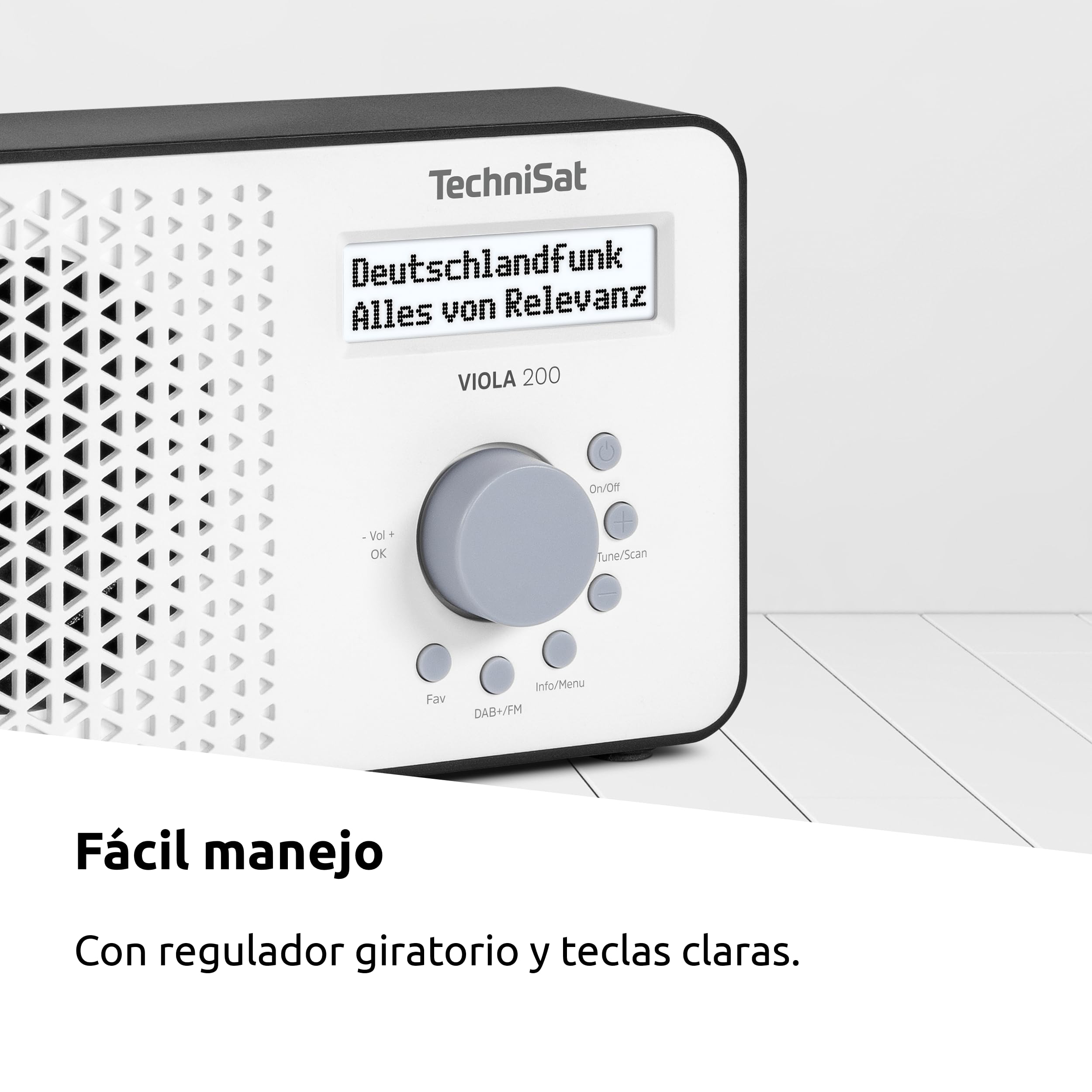 TechniSat Viola 200 - Radio portátil Dab+/FM (con Pantalla LCD, Antena telescópica, Memoria de Favoritos, Salida para Auriculares, Funcionamiento con Red y Pilas, Altavoz Mono, RDS, PLL) Blanco/Negro
