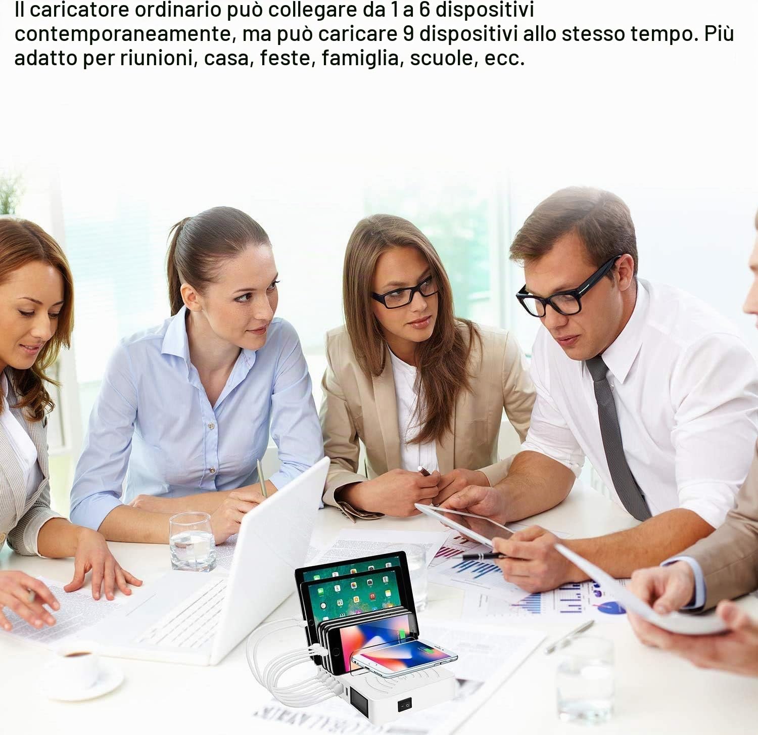 Stazione di ricarica per più dispositivi, Stazione di Ricarica USB a 8 Porte Caricatore USB, base ricarica wireless, compatibile con i Phone, i Pad, tablet