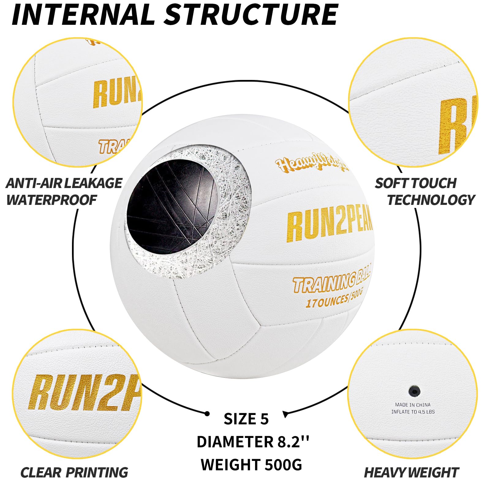 RUN2PEAK Pallone da pallavolo pesante ufficiale, misura 5, per allenamento, pallavolo, colore: bianco e oro
