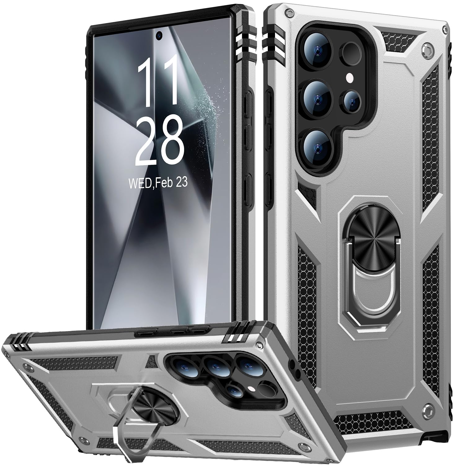 IKAZZ for Galaxy S24 Ultra Case,Military Grade Shockproof Heavy Duty Protective Phone Cover Pass 16ft Drop Test with Magnetic Kickstand Car Mount Holder Silver