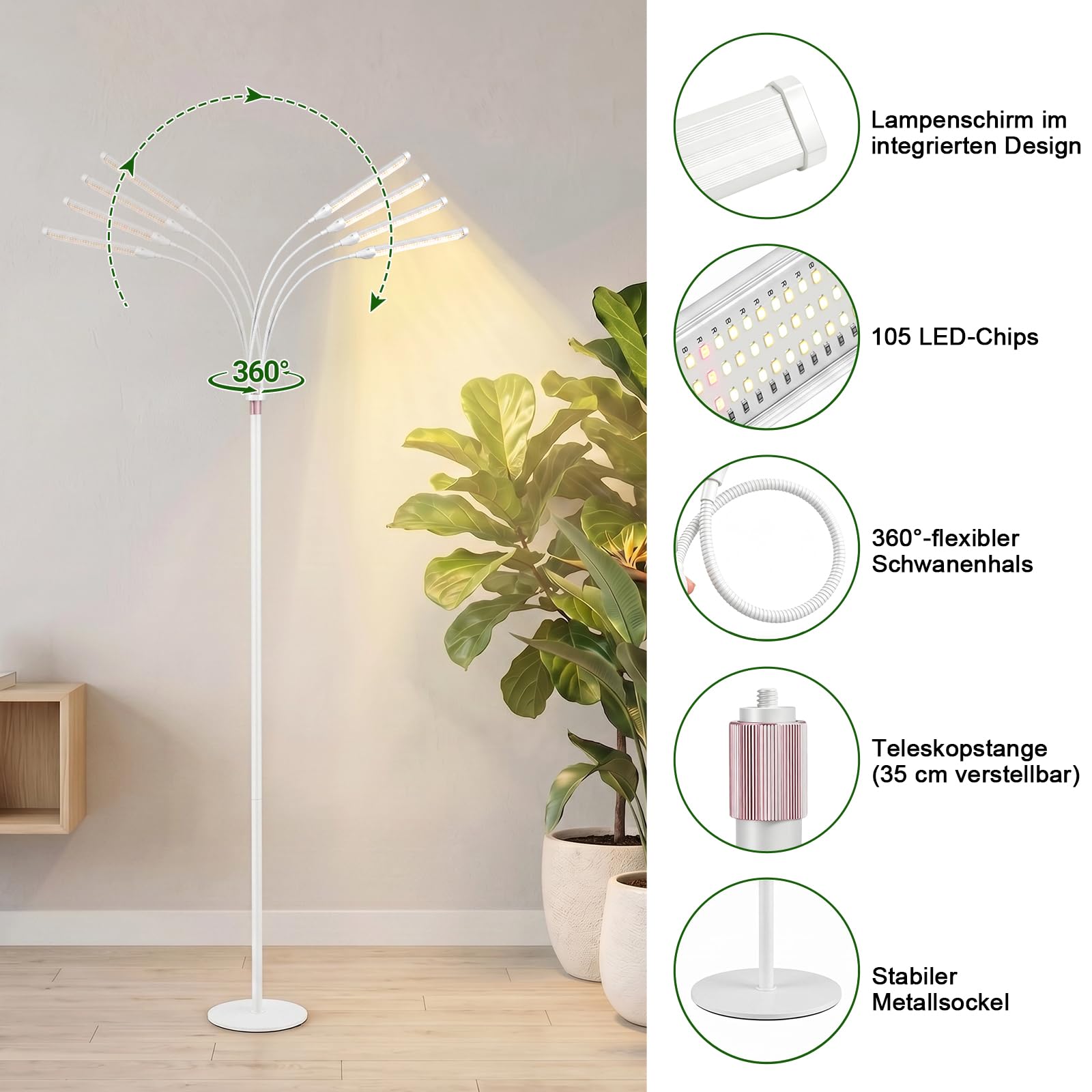 ERWEY Lampe Horticole, LED Lampe Plante Interieur avec Minuterie 4/8/12H, Spectre Complet Réglable, Hauteur Réglable 63–180 cm, pour Germination Croissance Floraison Végétale