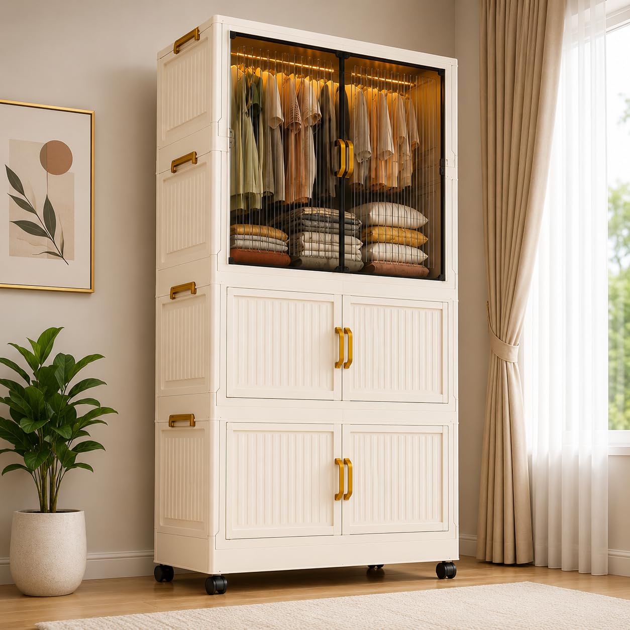 SNKR ESSENTIALS Plastic Wardrobe for Cloths | 4 Layer Stackable Almirah with Hanging Rod, Transparent Doors, Wheels | Foldable Storage Cabinet Organizer for Clothes/Books/Toys (WWA-White, 3-Door)