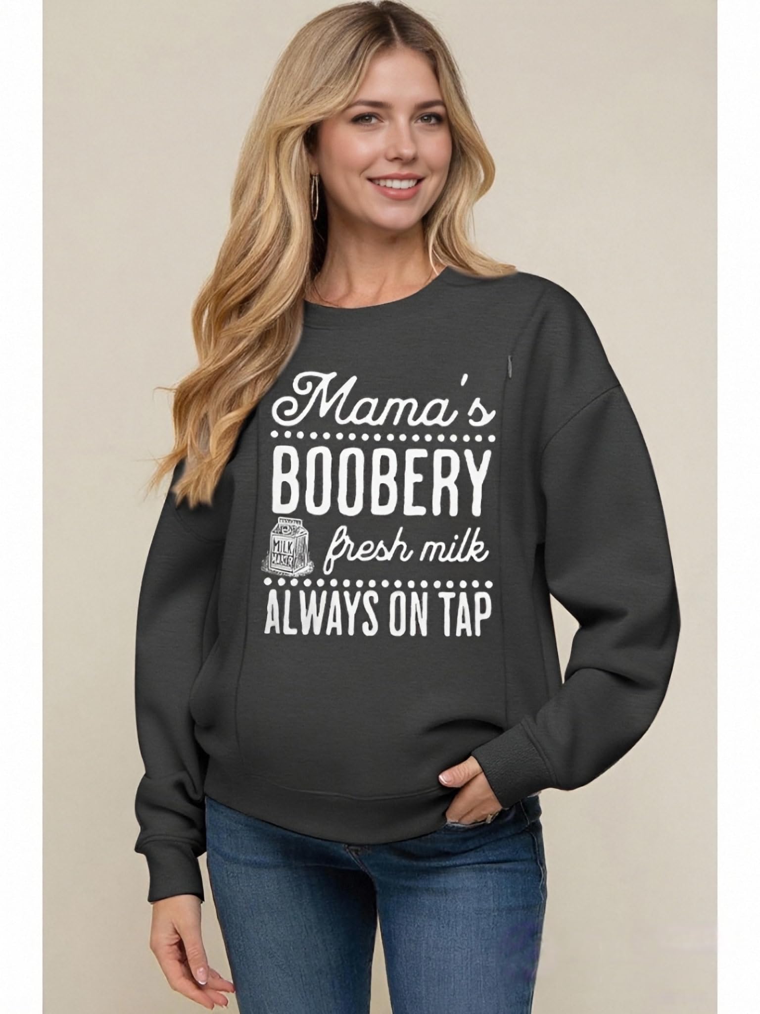 Mutterschafts-Still-Sweatshirt für Damen mit Reißverschluss, Stillpullover, Mamas Boobery-Print