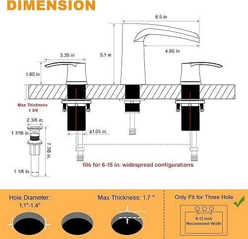 Miniatura 3 de Matte Black Waterfall Bathroom Faucets - Widespread Bathroom Sink Faucet with Drain for Sink 3 Hole 2-Handle Bathroom Faucet with Pop Up Sink Drain