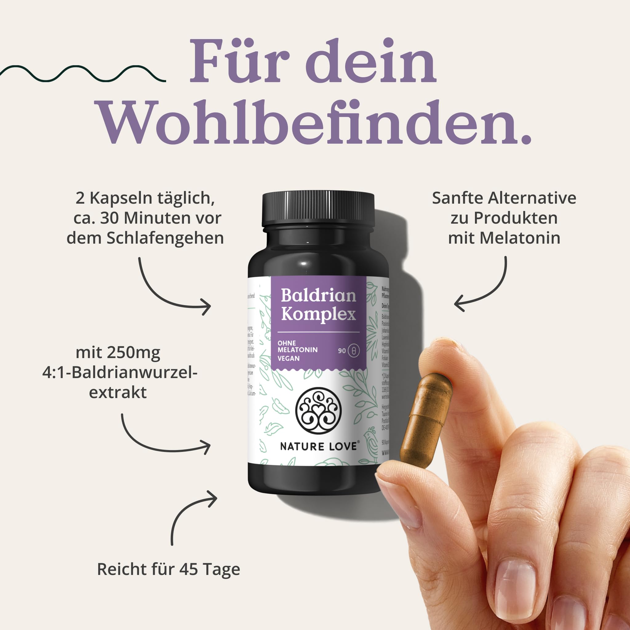 NATURE LOVE® Baldrian Komplex – 90 Kapseln ohne Melatonin – mit Johanniskraut, Passionsblume, Folsäure, Lavendelblüte & B-Vitaminen – vegan