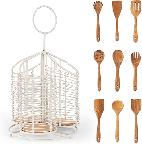 Miniatura 9 de Soporte giratorio para utensilios con 3 compartimentos y parte inferior de corcho, metal blanco mate de primera calidad + juego de utensilios de