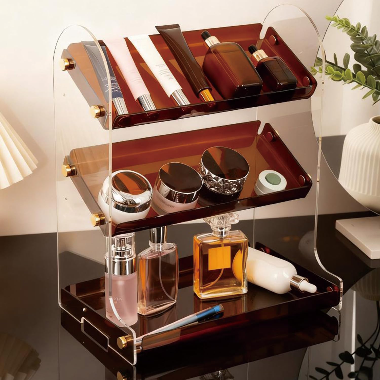 Estante acrílico de 3 niveles para encimera de baño, organizador de maquillaje impermeable para cosméticos, perfumes y soluciones de almacenamiento de oficina