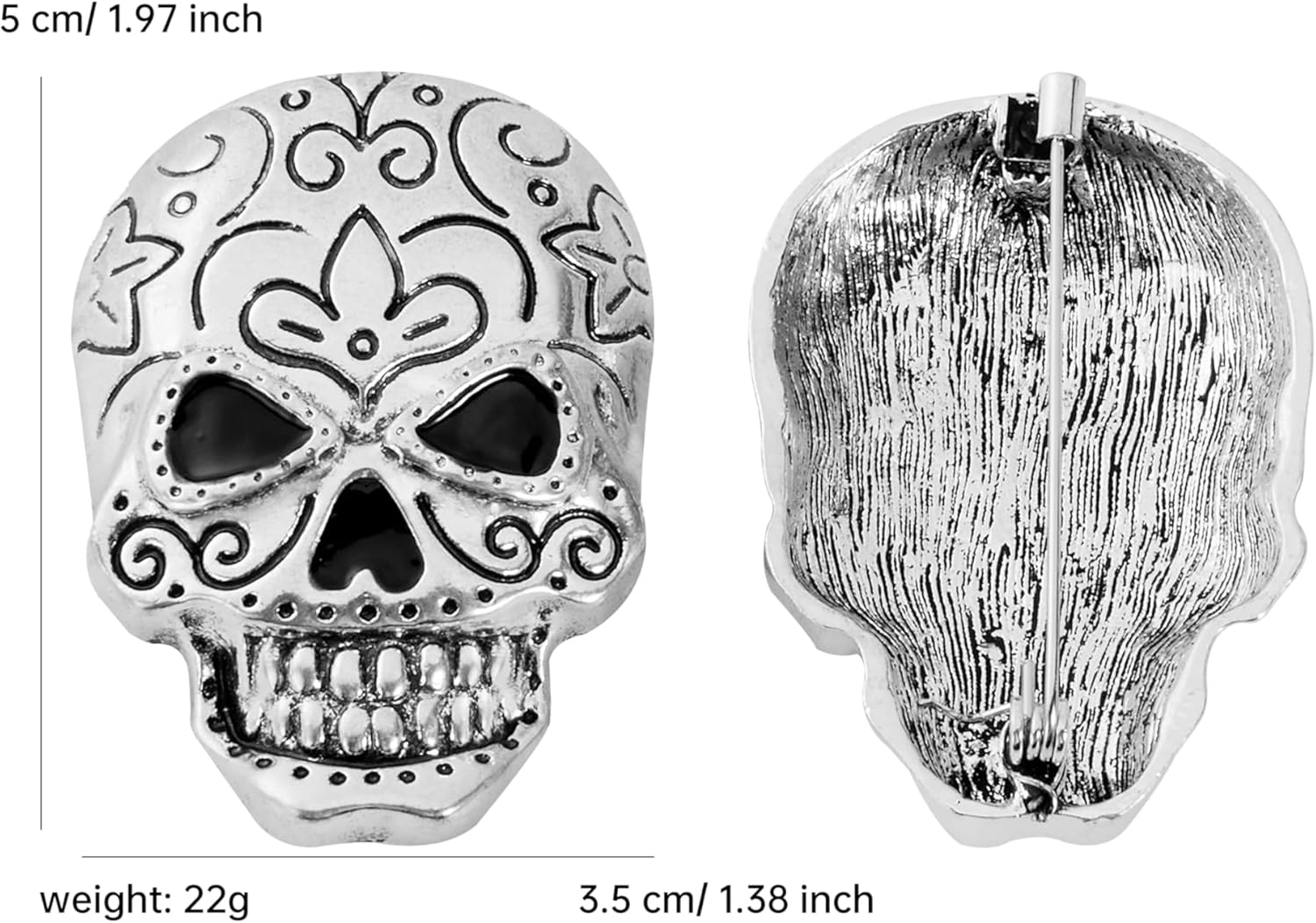 2Pcs Engraved Floral Scrollwork Gothic Skull Brooch, Enamel Lapel Pins for Backpack Hat Bag Jacket Coat, Unique Cool Jewelry Gifts for Men and Women - Image 2