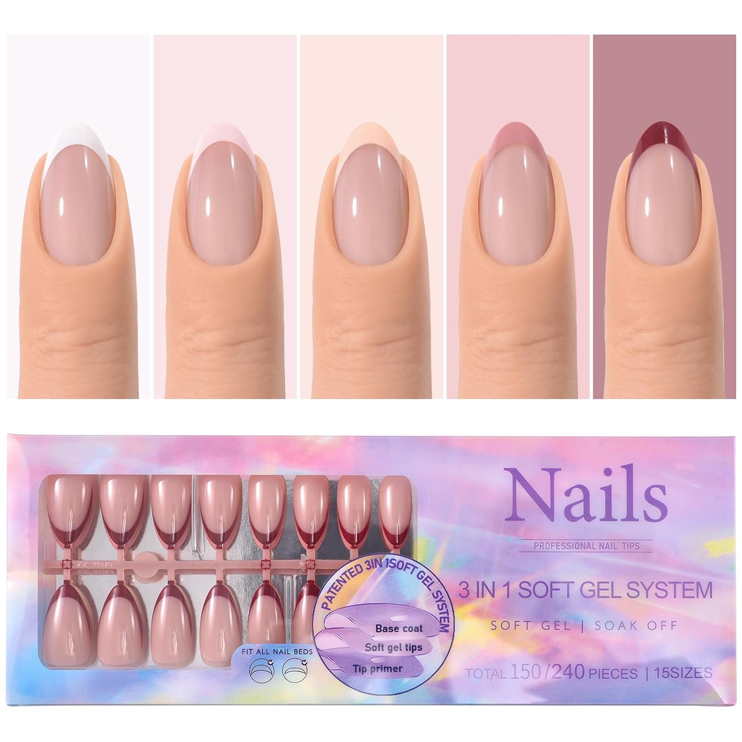 KADS Pink French Tip Press On Nails, 150Pcs French Press On Nails Short Almond, Pre-shaped Soft Gel Nail No Need to File 3 in 1 Tips, Fake Nails for Nail Art DIY Extension Designs 15 Sizes
