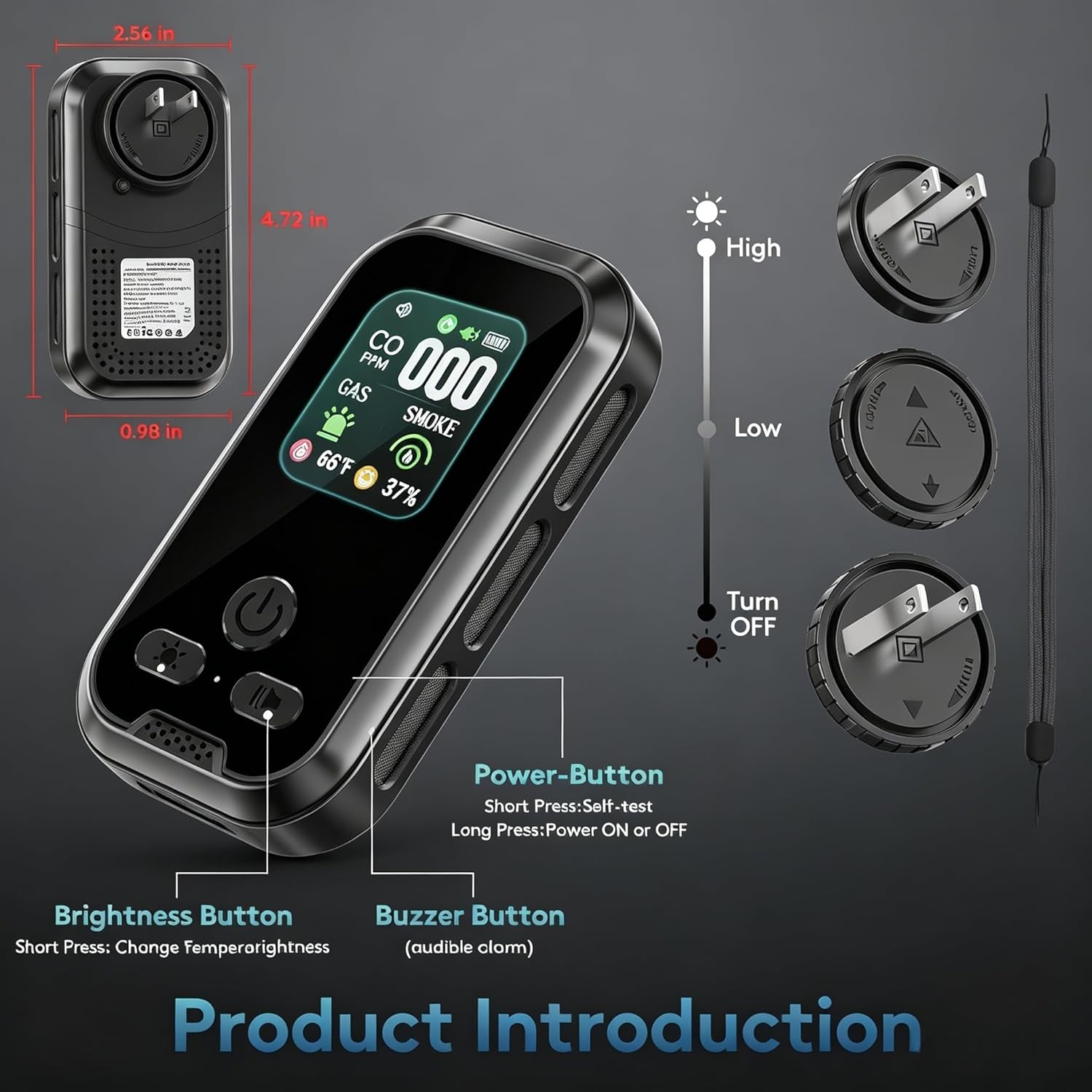 5-in-1 Detector with HD Screen, Home, Apartment, Hotel, Camping RV (Black)